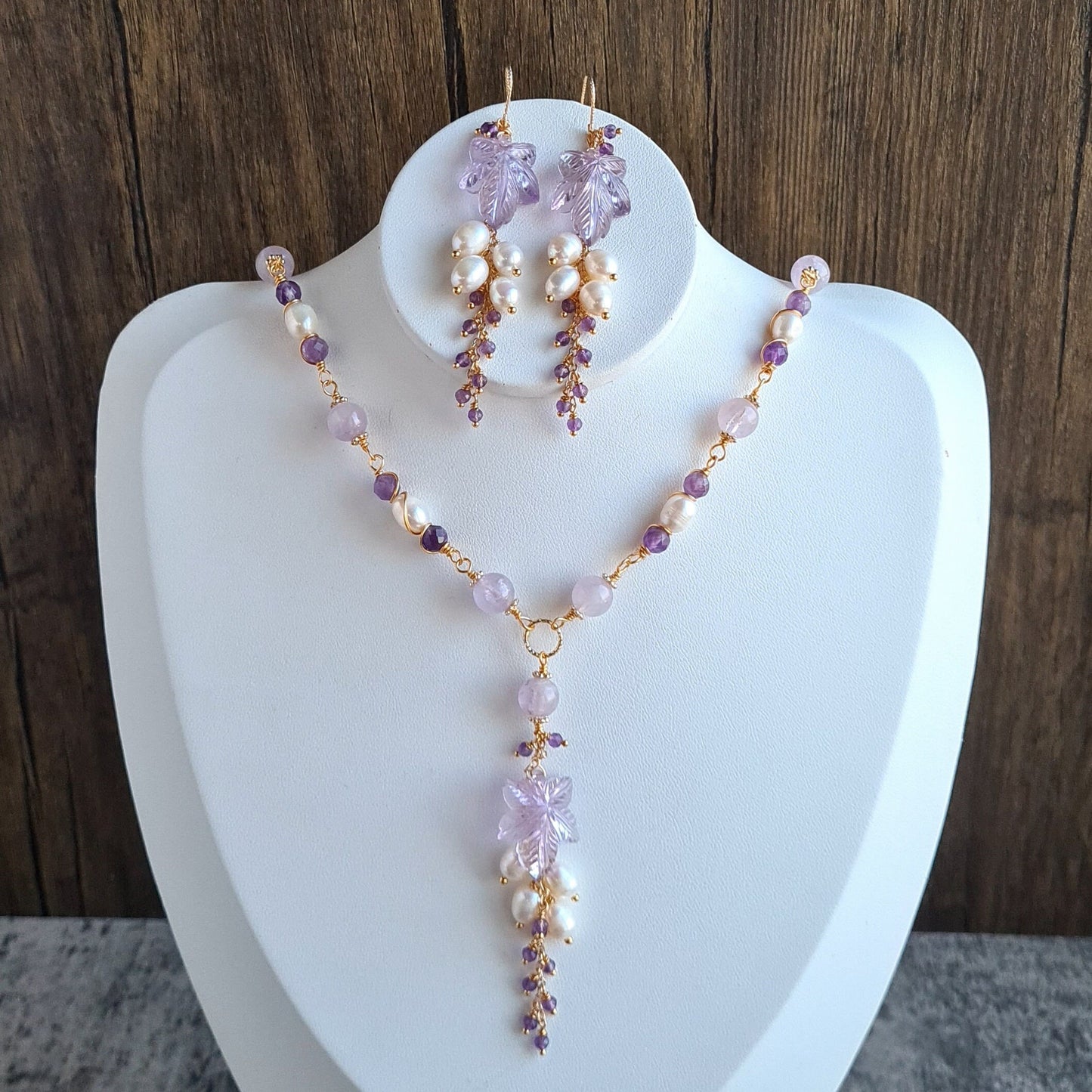 Pink Amethyst Flower Carved Gemstone Necklace & Earrings with Fresh Water Pearl and Amethyst Cluster Set