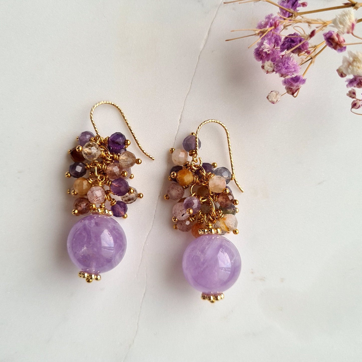 Amethyst round with super seven cluster Gemstone Earrings