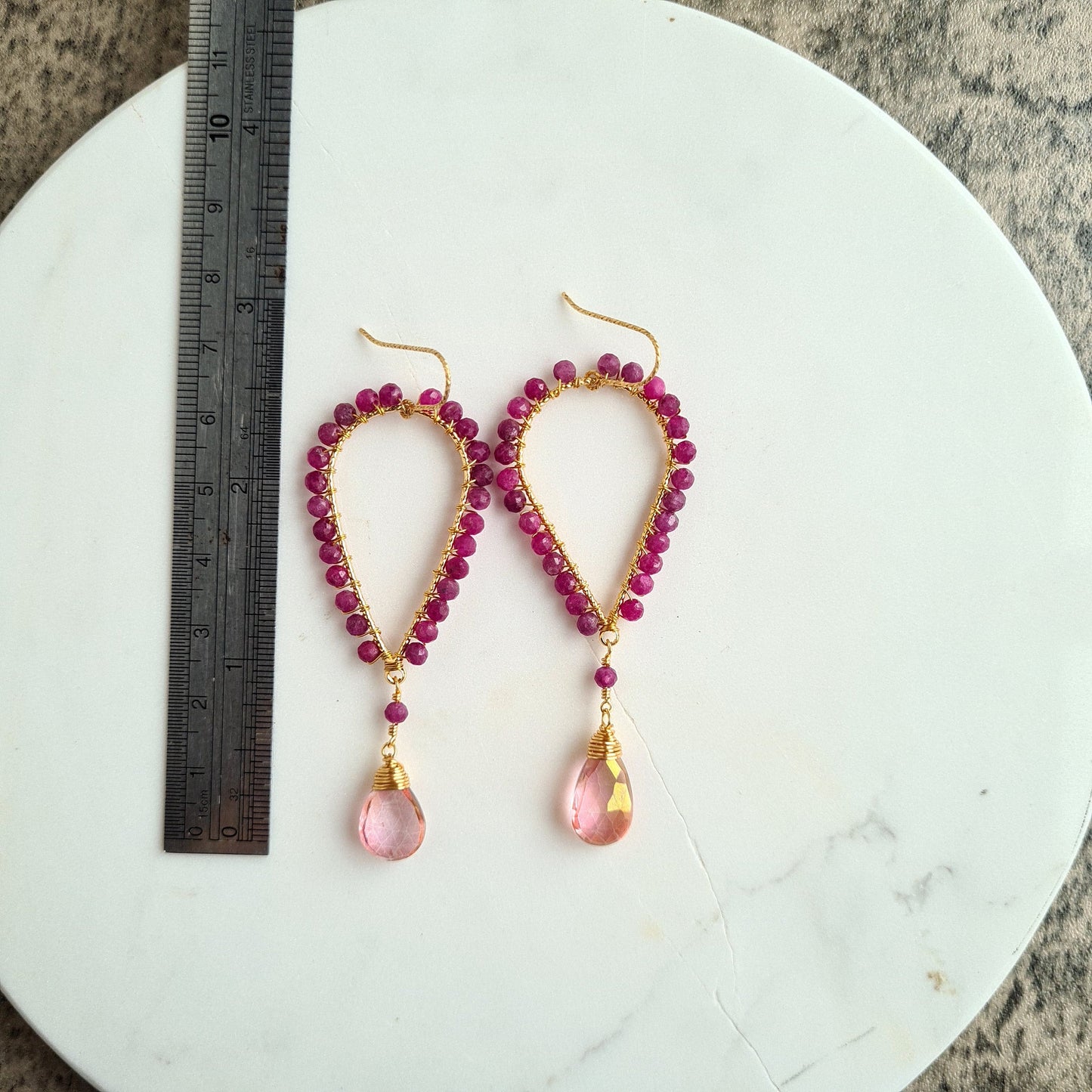 Inverted Tear Drop Gemstone Earrings - Pink Mystic Coated Quartz with Ruby