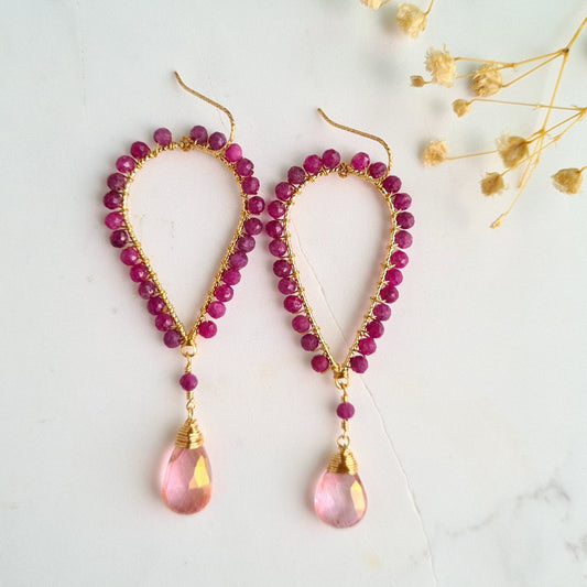 Inverted Tear Drop Gemstone Earrings - Pink Mystic Coated Quartz with Ruby