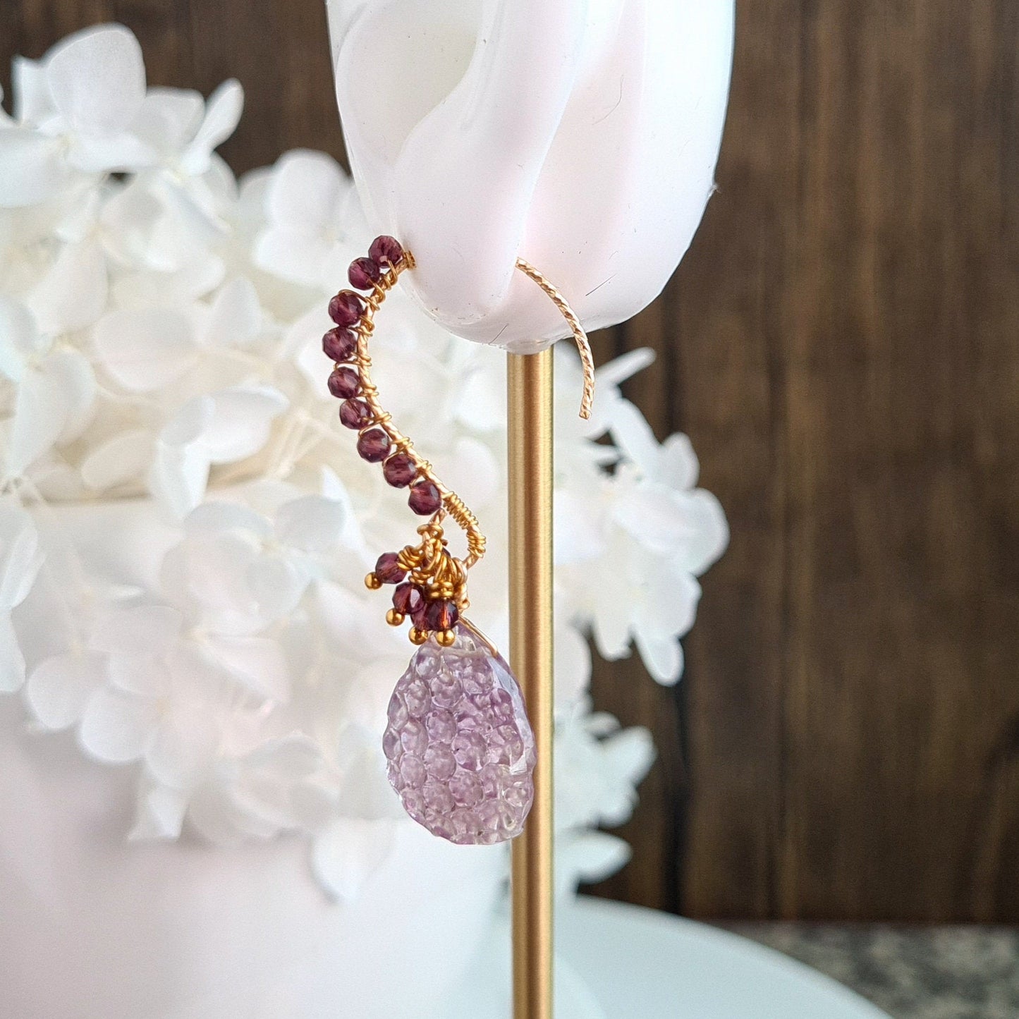 Honeycomb Carved Gemstone Cluster Earrings - Pink Amethyst