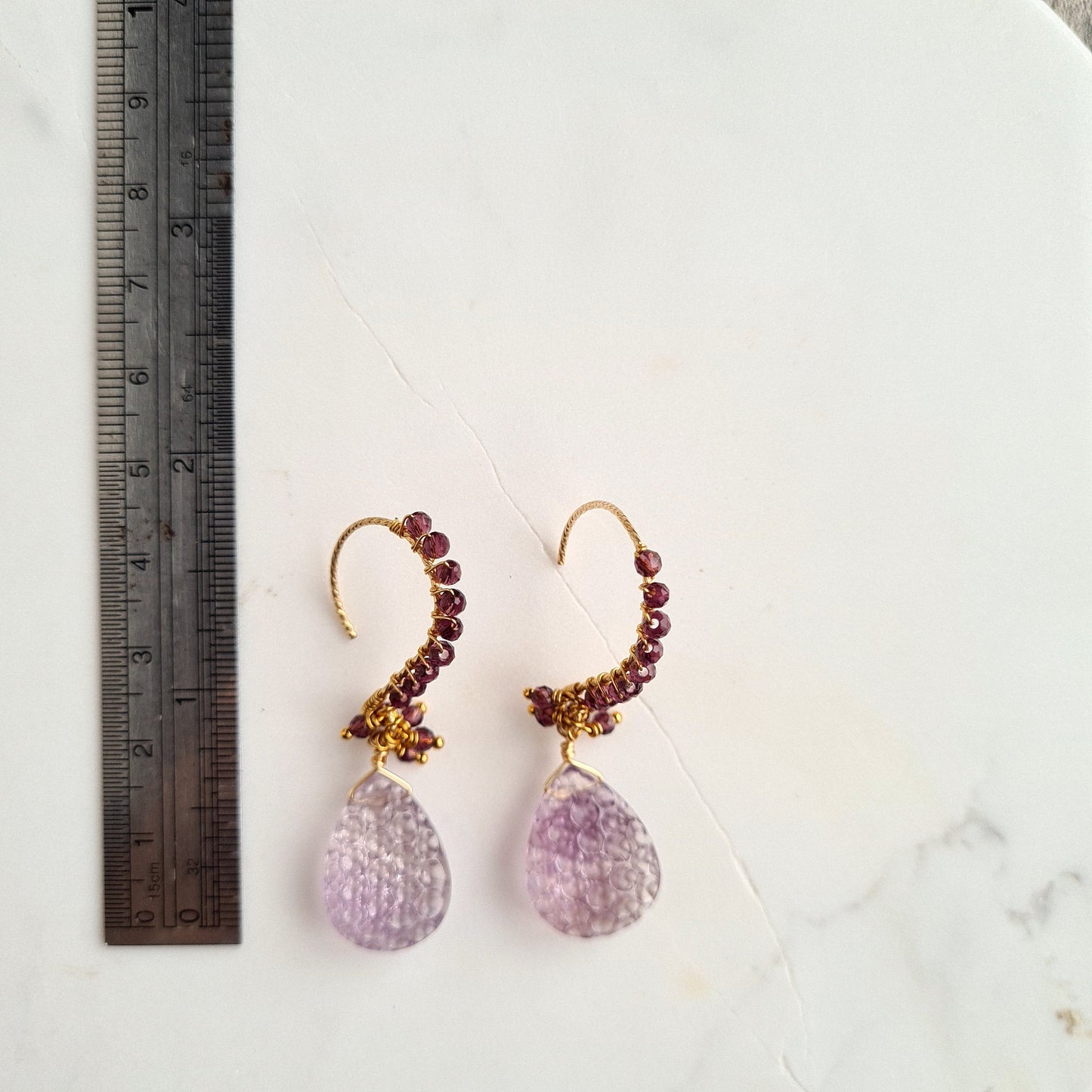 Honeycomb Carved Gemstone Cluster Earrings - Pink Amethyst