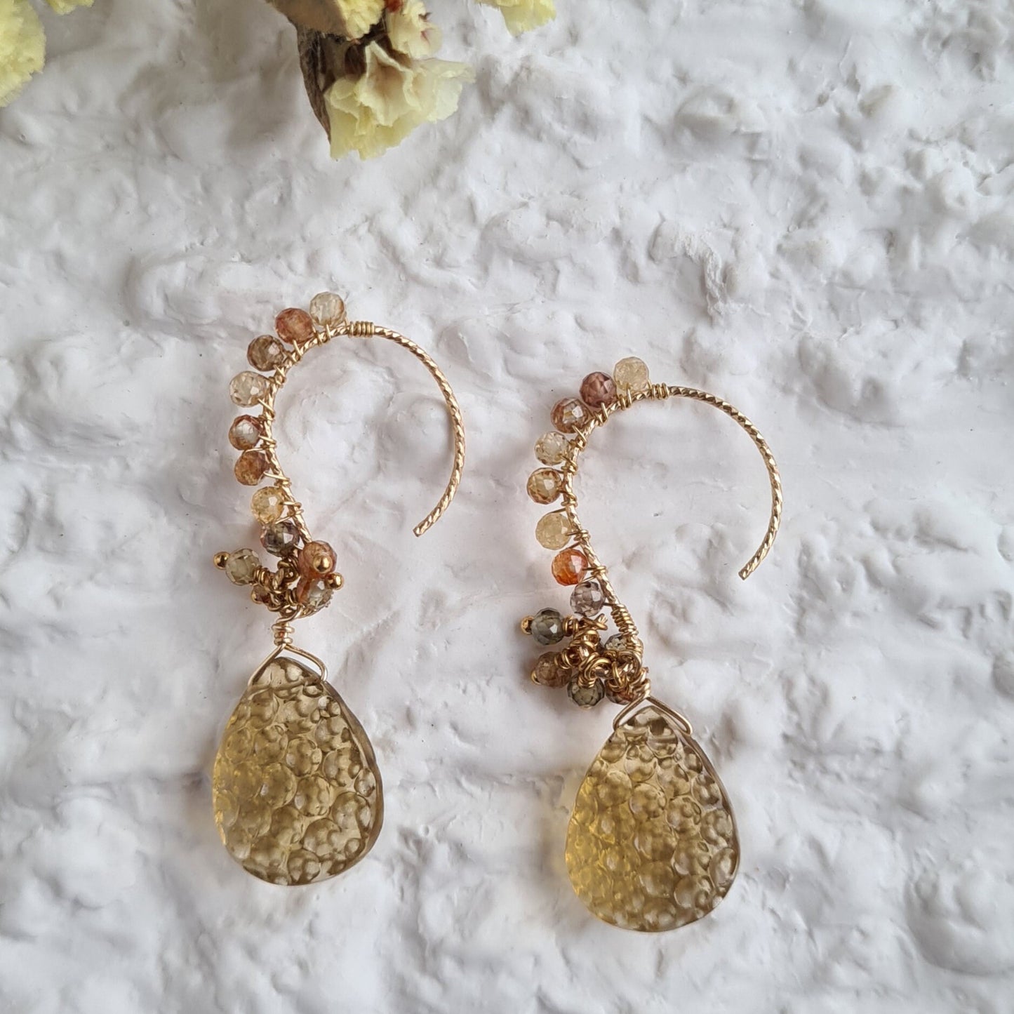 Honeycomb Carved Gemstone Cluster Earrings - Honey Quartz