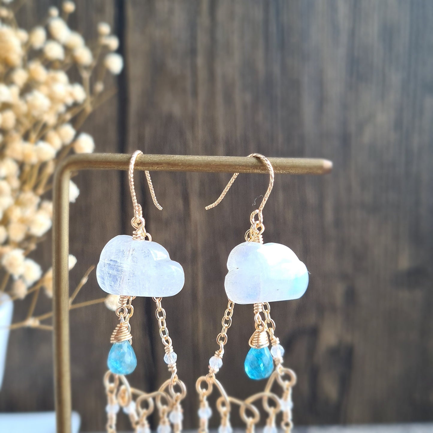 The Cloud and The rain Rainbow Moonstone with Blue Apatite Gemstone Earrings