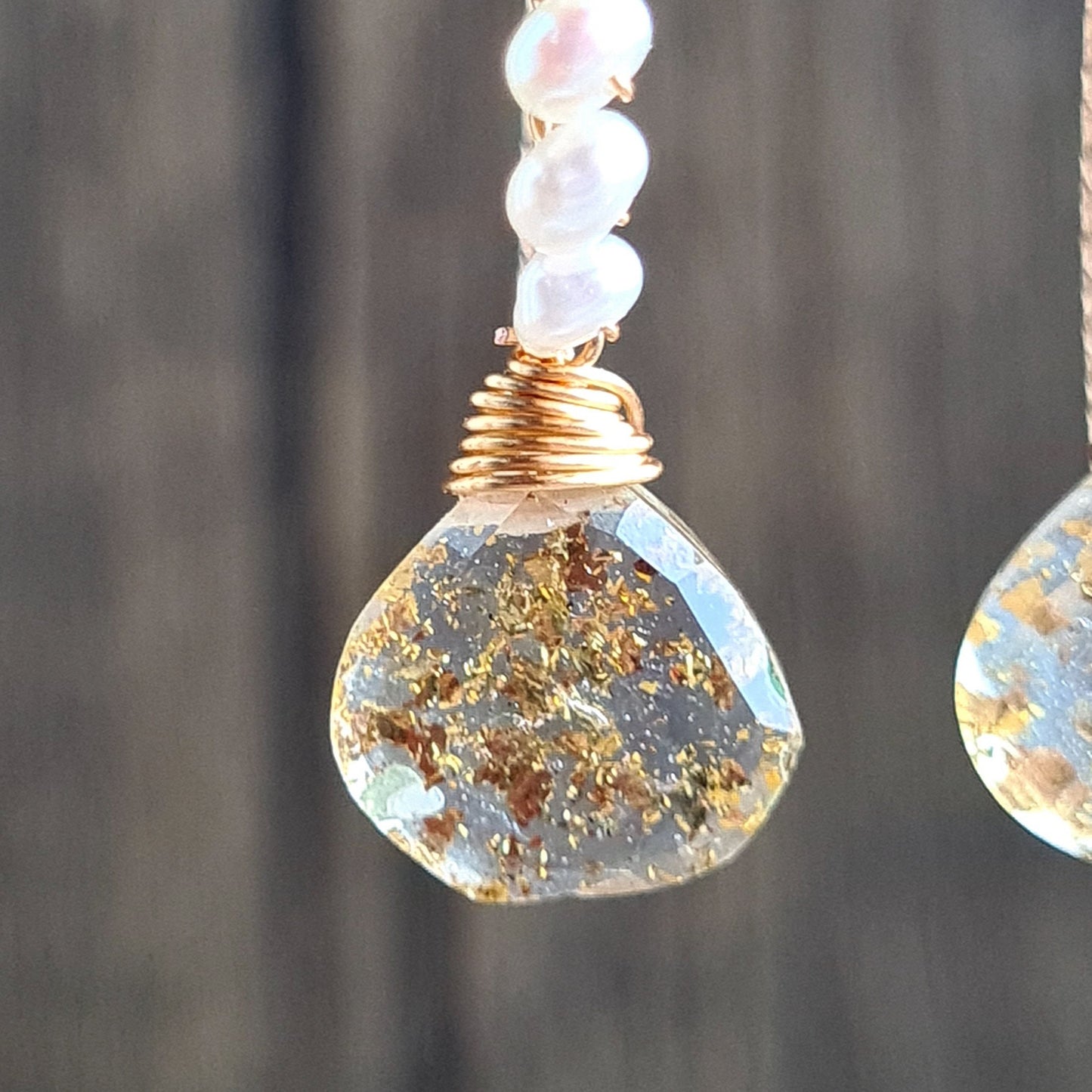 Gold Foil Crystal Quartz Doublet with Fresh Water Pearl Earrings & Necklace Set