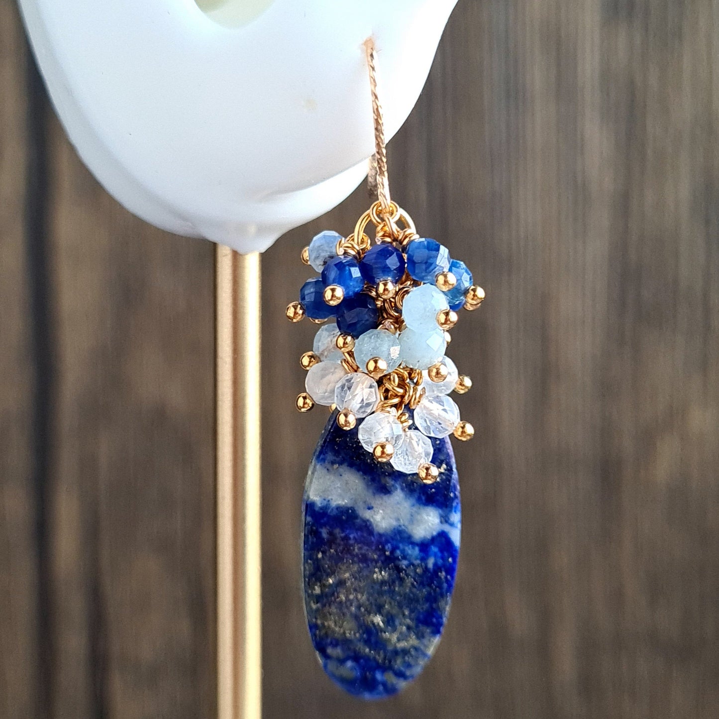 Lapis Lazuli with rainbow moonstone, aquamarine and kyanite gemstone cluster earrings