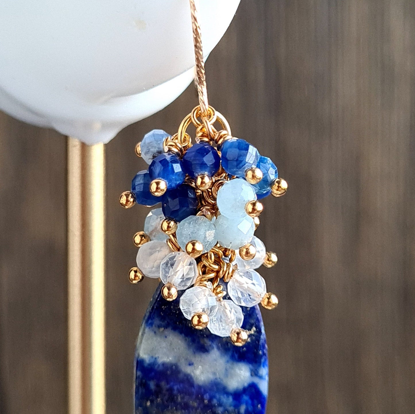 Lapis Lazuli with rainbow moonstone, aquamarine and kyanite gemstone cluster earrings