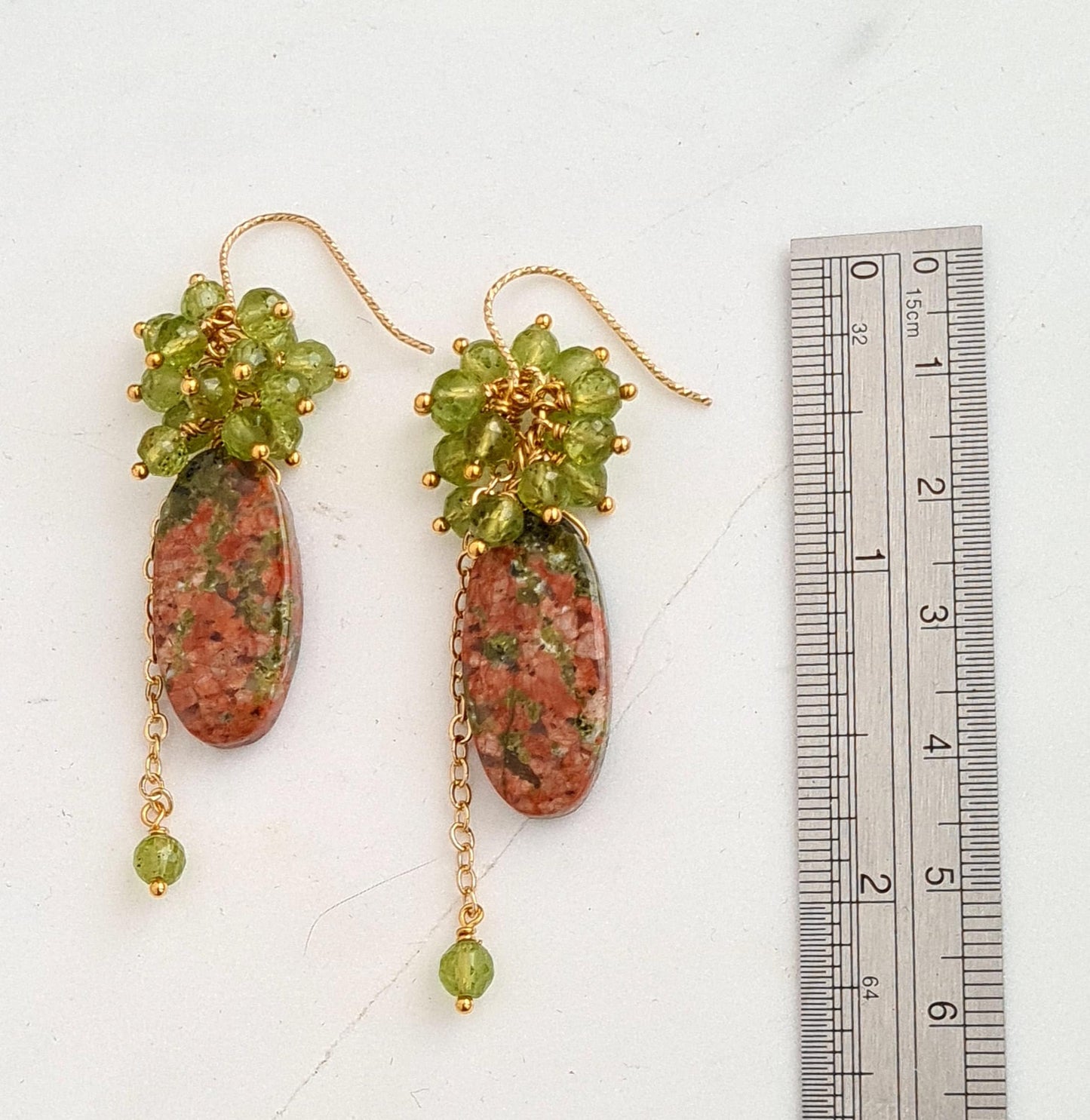 Unakite with Peridot Gemstone Cluster Earrings