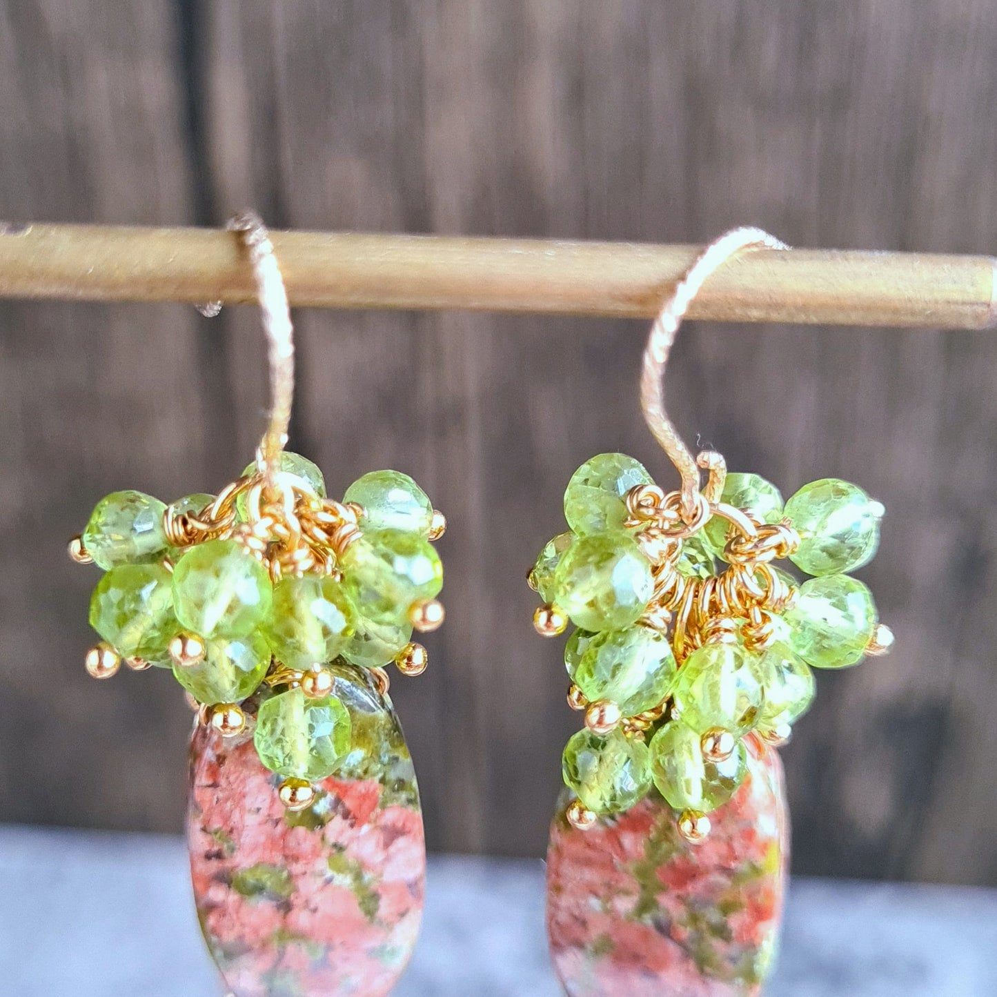 Unakite with Peridot Gemstone Cluster Earrings