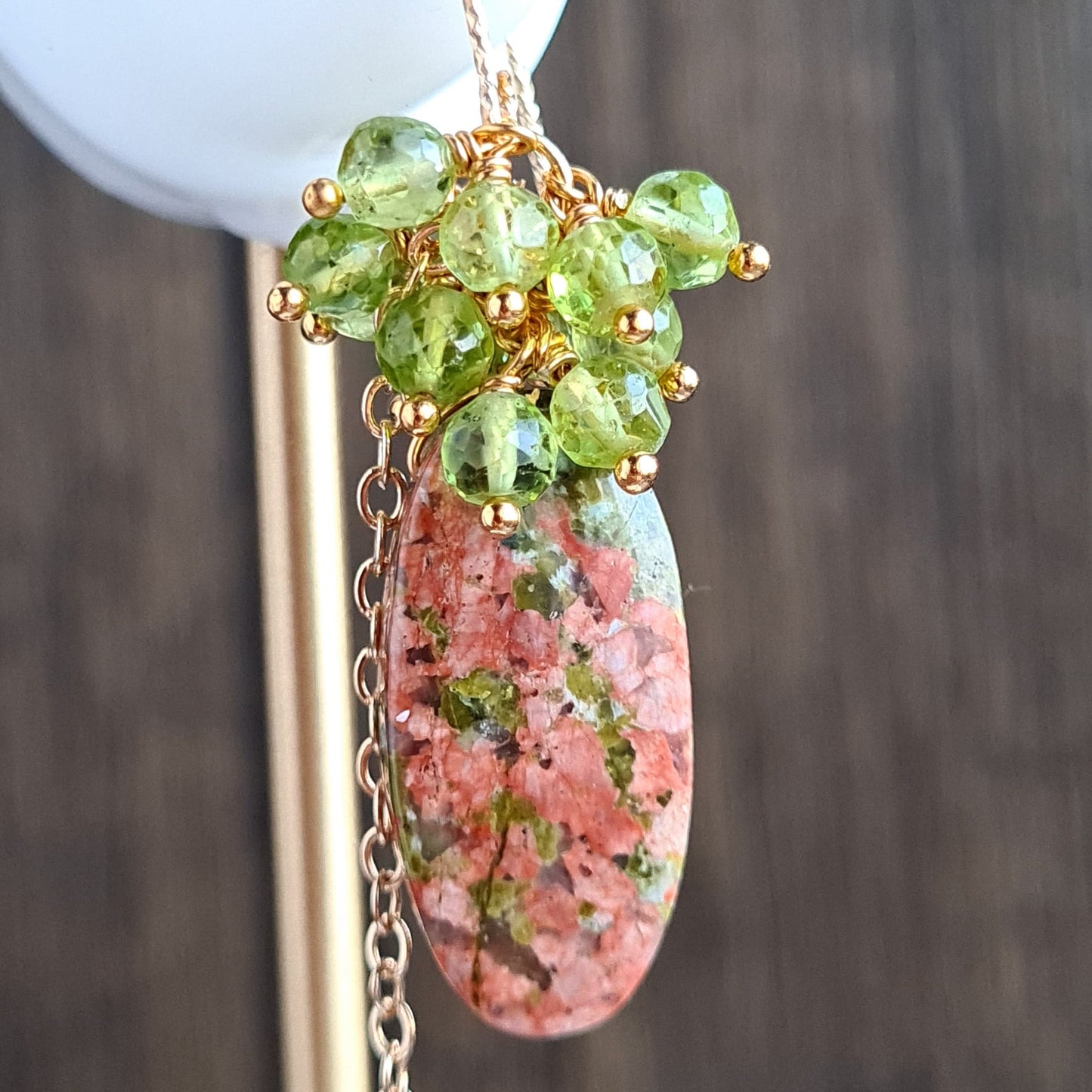 Unakite with Peridot Gemstone Cluster Earrings