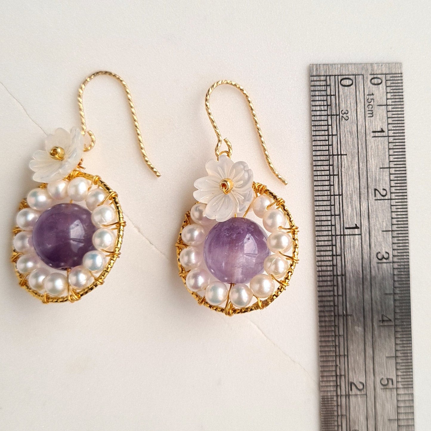 Round Fresh Water Pearl with Amethyst Gemstone & Flower Mother Of Pearl Earrings