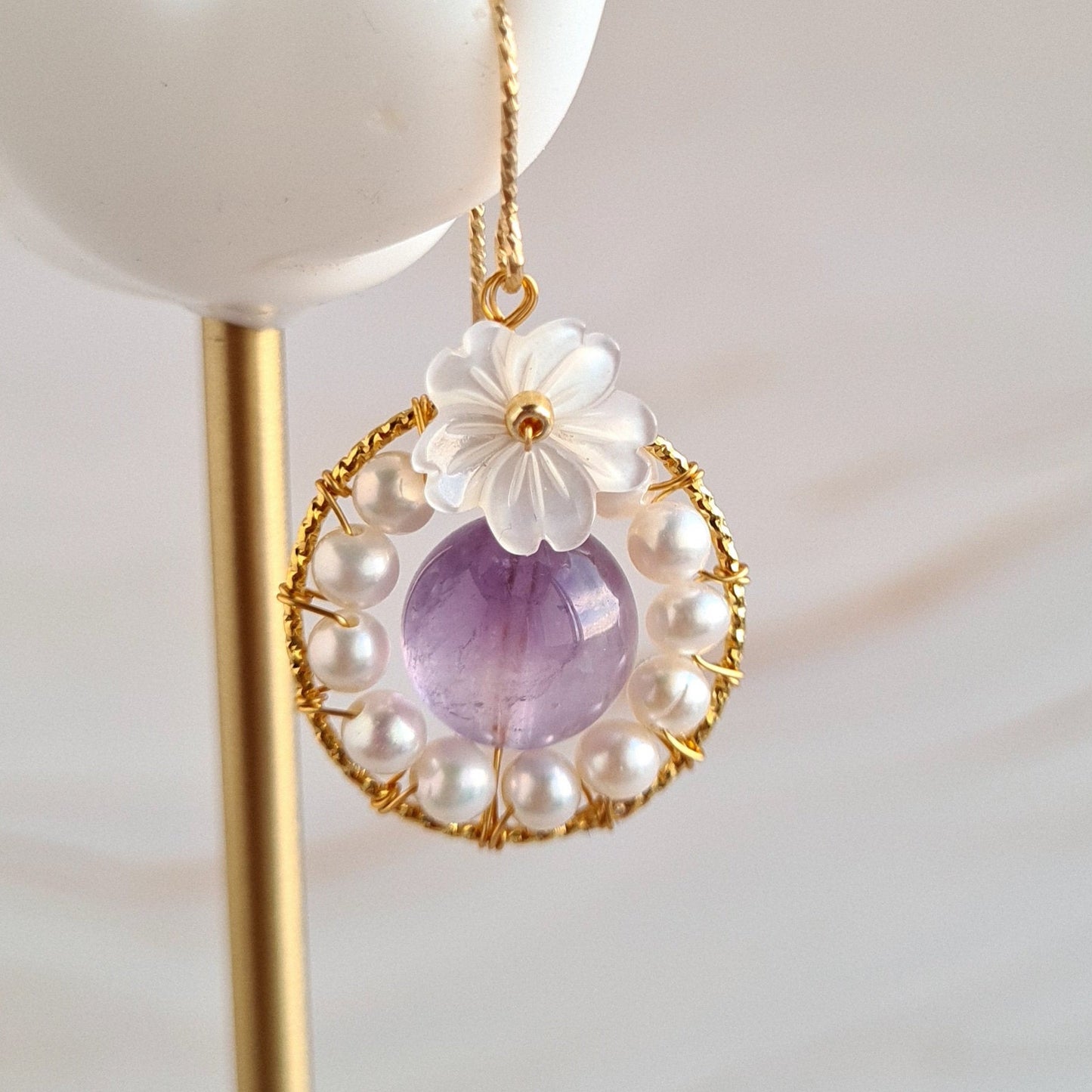 Round Fresh Water Pearl with Amethyst Gemstone & Flower Mother Of Pearl Earrings