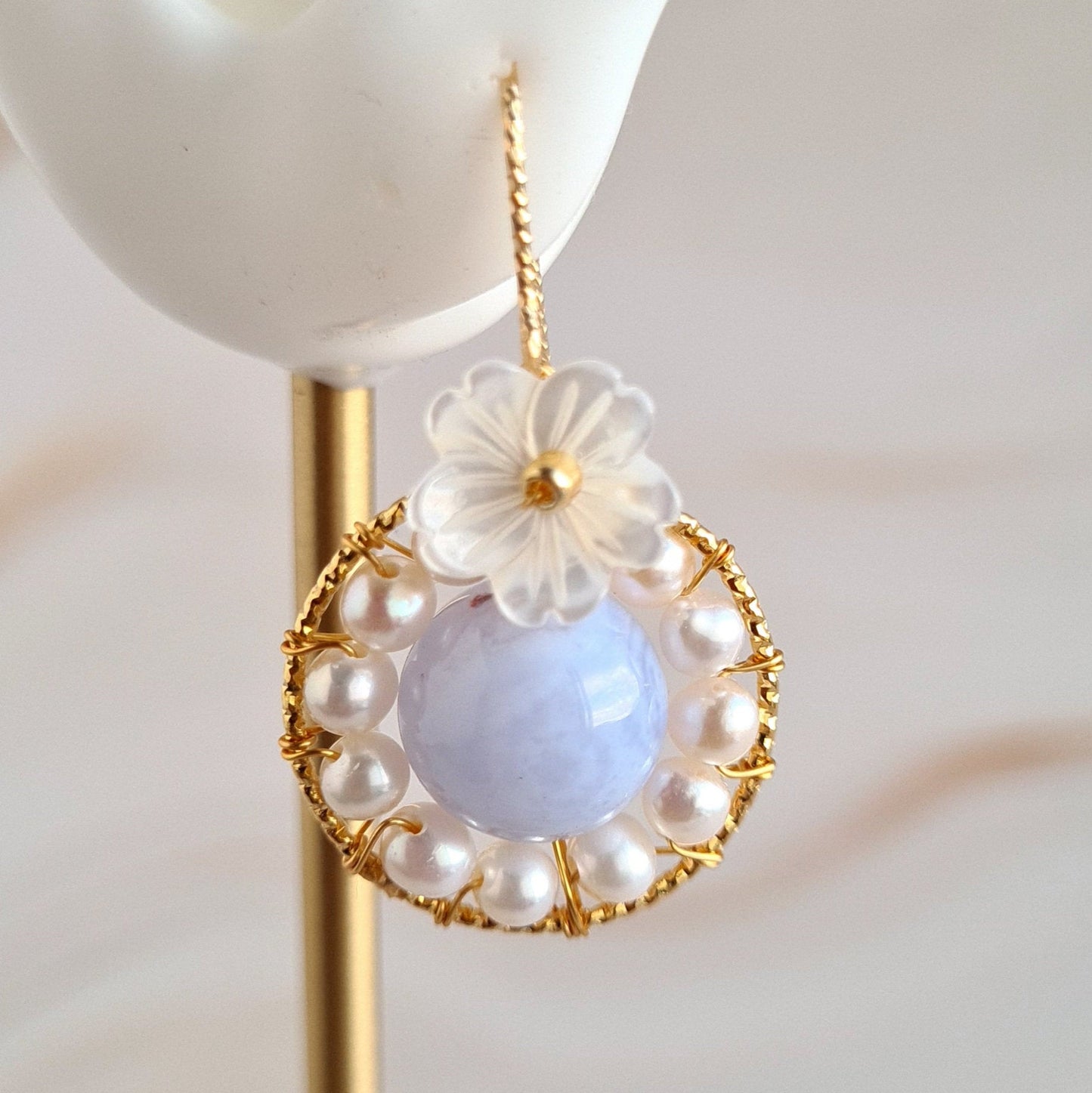 Round Fresh Water Pearl with Blue Lace Agate Gemstone & Flower Mother Of Pearl Earrings