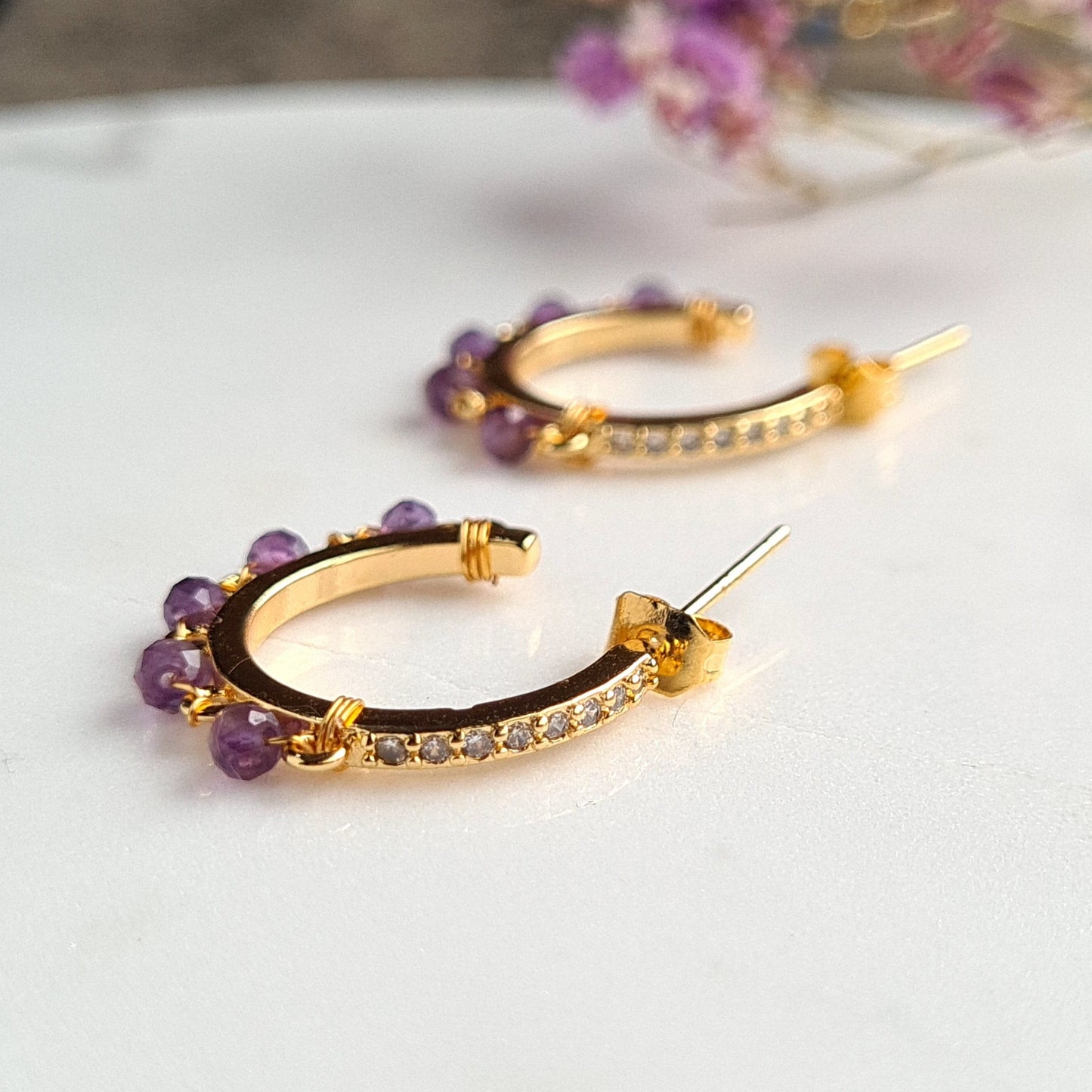 Half Hoop Gemstone Earrings - Amethyst