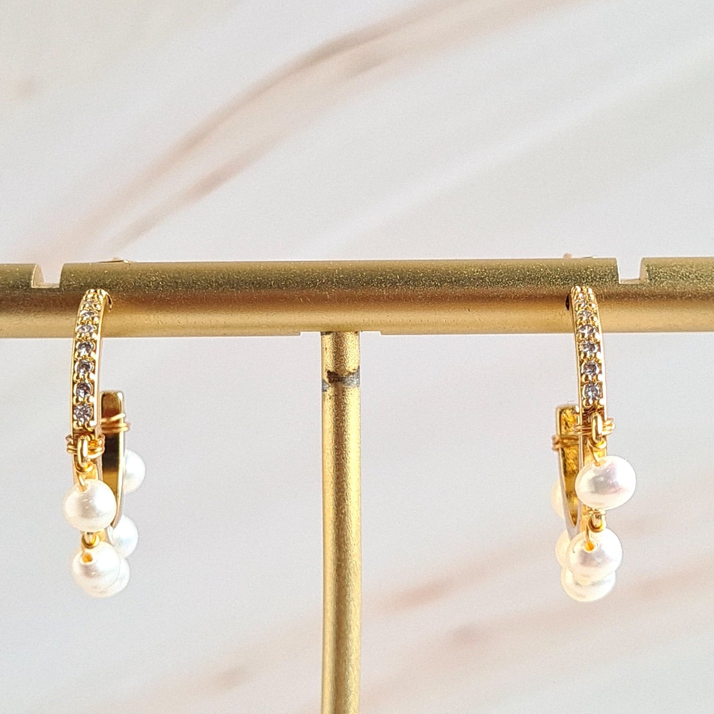 Half Hoop Gemstone Earrings - Fresh Water Pearl