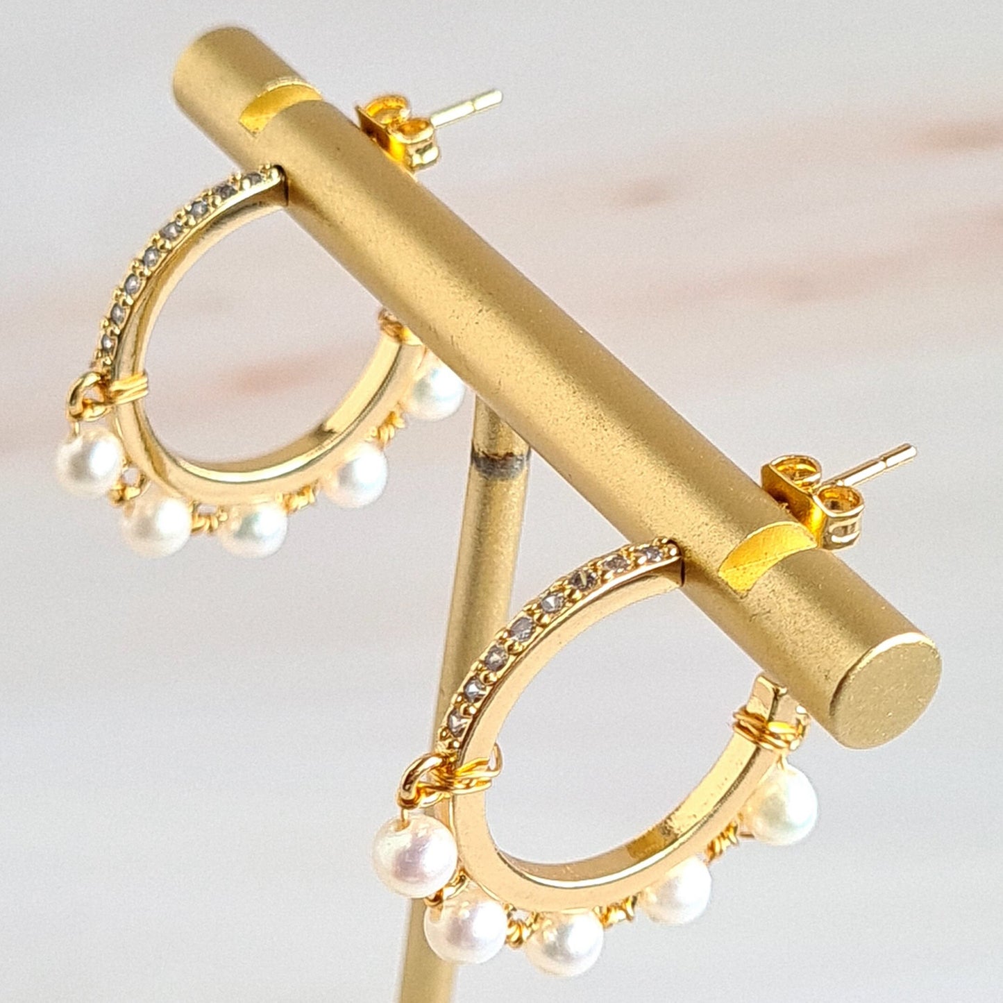 Half Hoop Gemstone Earrings - Fresh Water Pearl