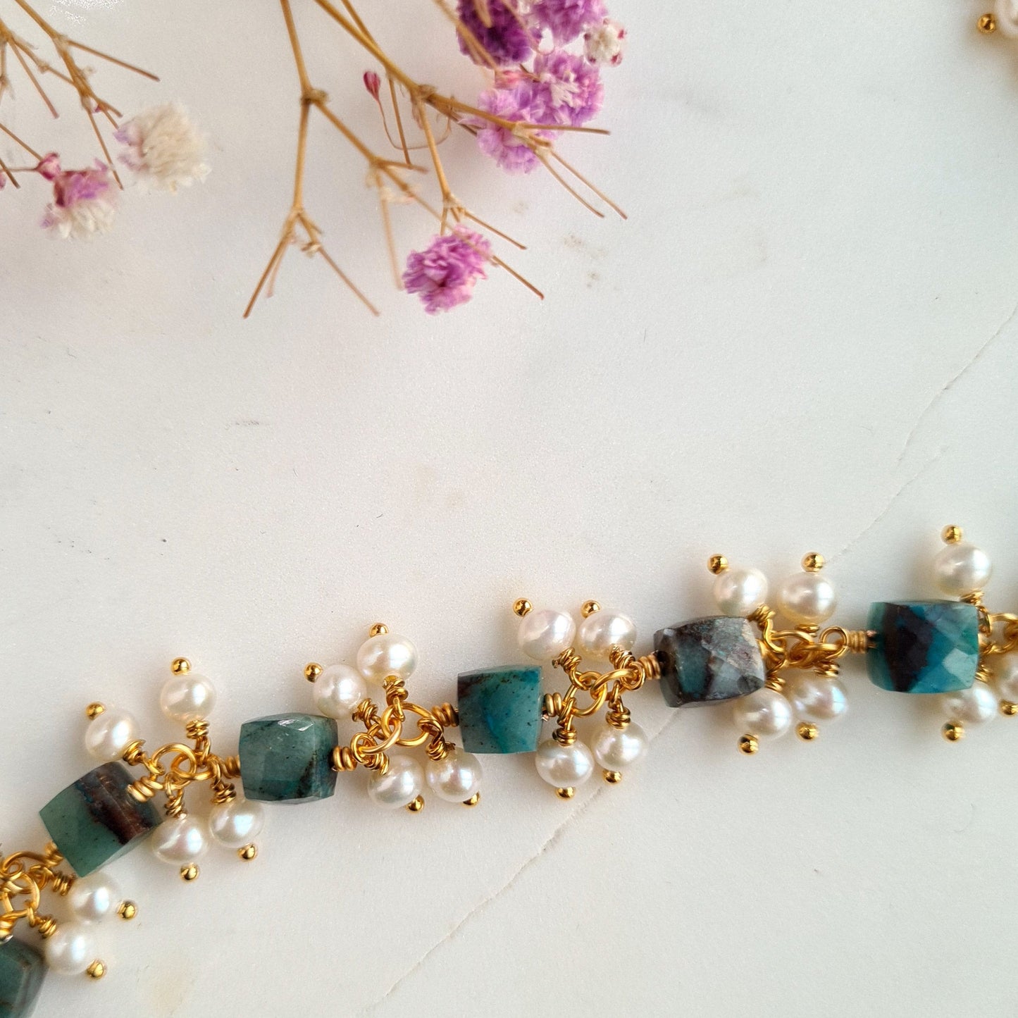 Chrysocolla with Fresh Water Pearl Cluster Bracalet