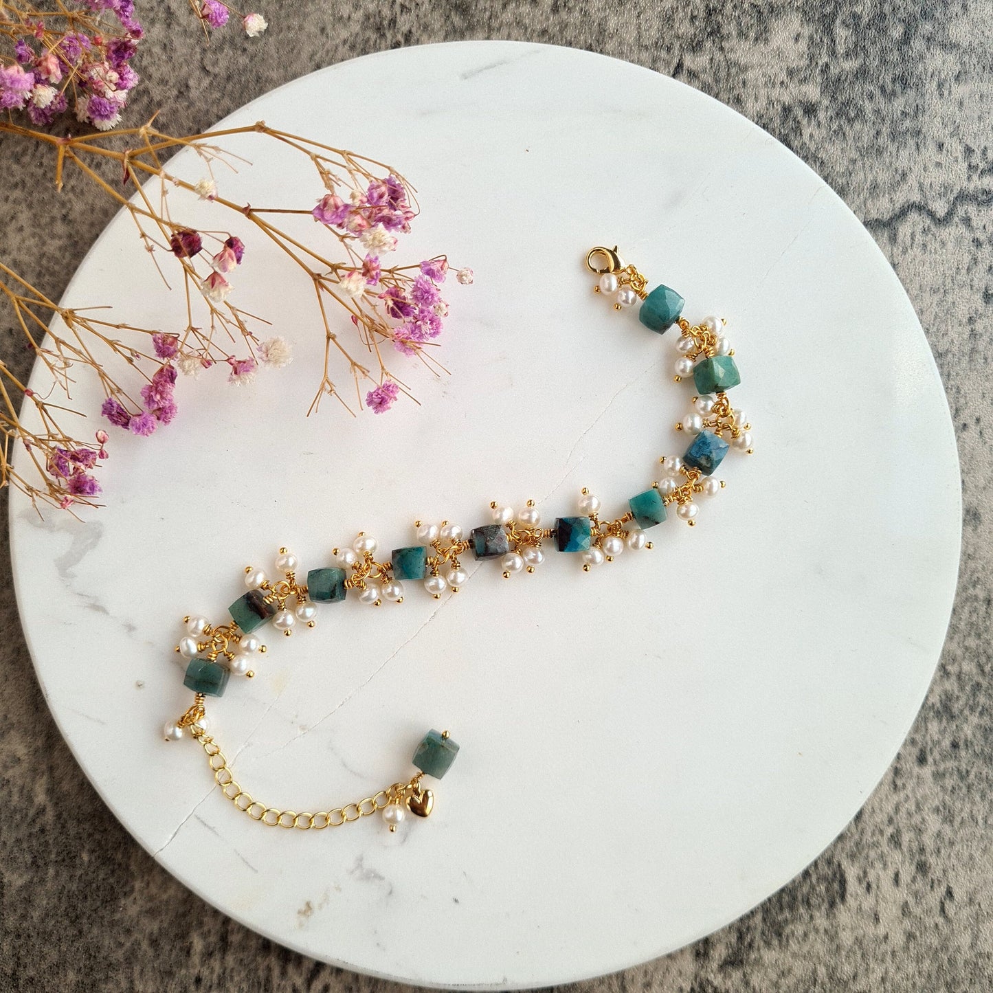 Chrysocolla with Fresh Water Pearl Cluster Bracalet