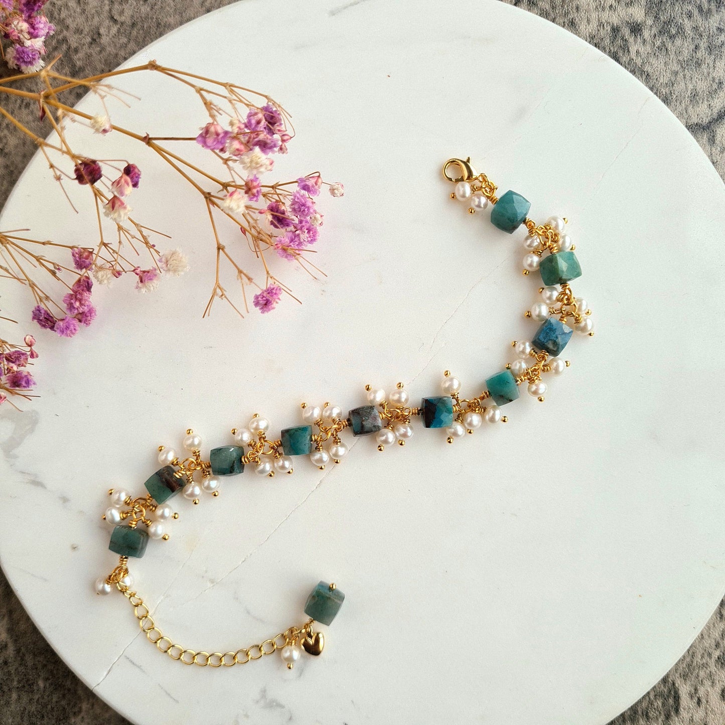 Chrysocolla with Fresh Water Pearl Cluster Bracalet