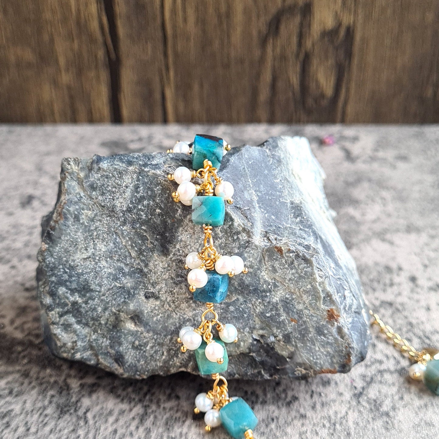 Chrysocolla with Fresh Water Pearl Cluster Bracalet