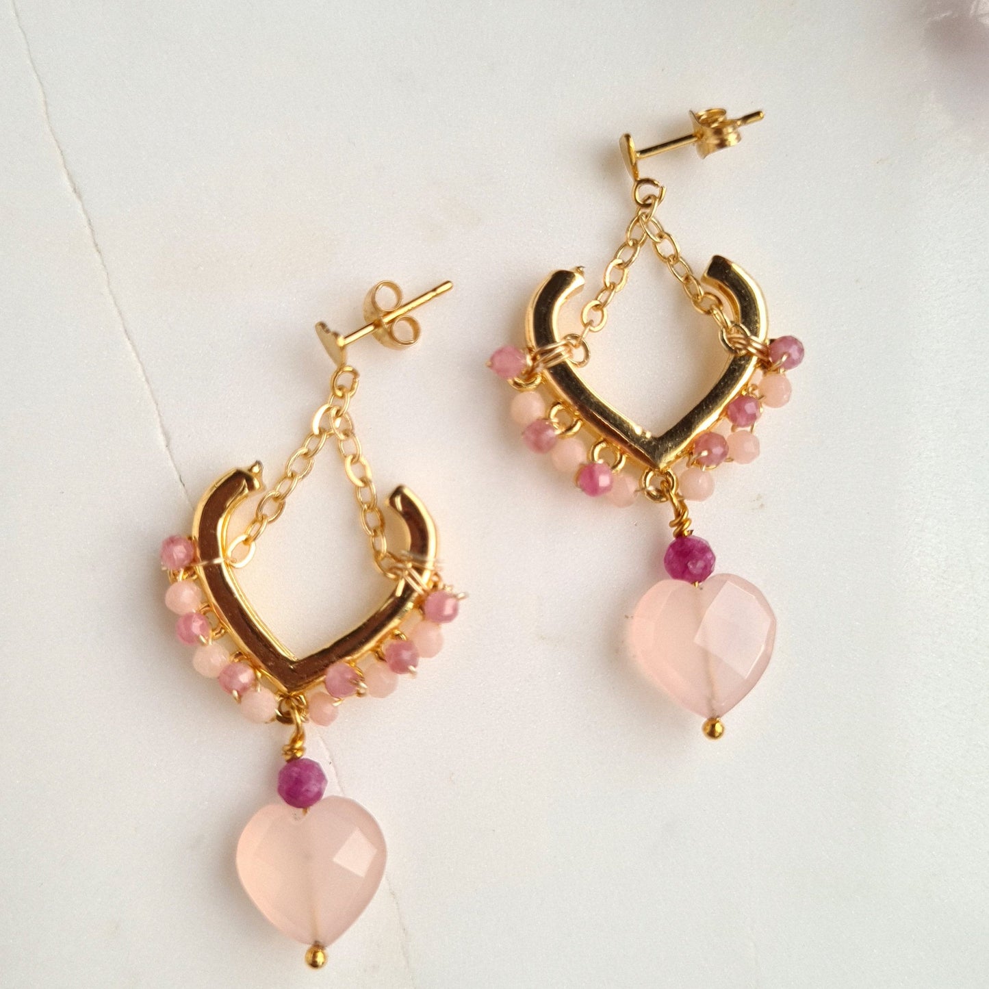 Triple Heart Gemstone Earrings - Rose Chalcedony wirh heart shape stud