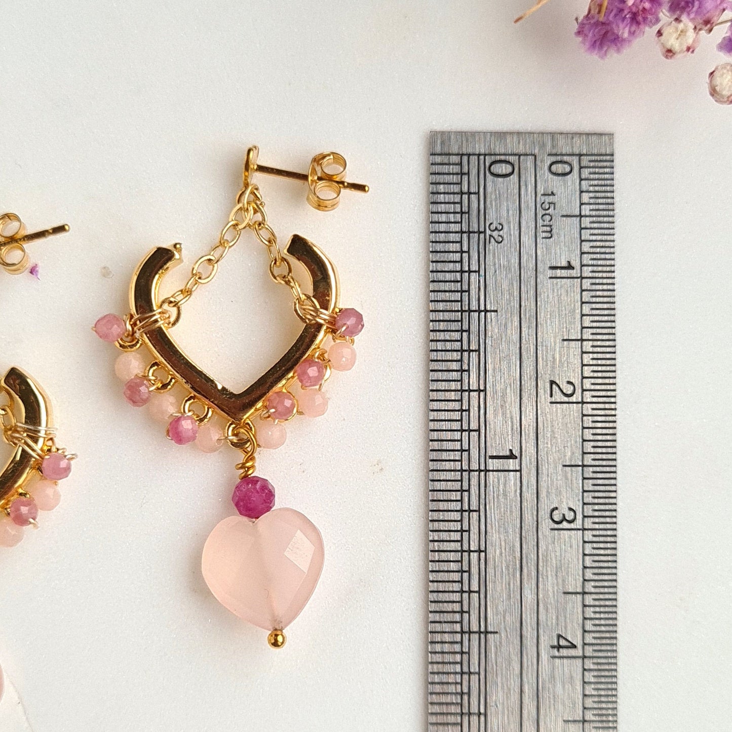 Triple Heart Gemstone Earrings - Rose Chalcedony wirh heart shape stud
