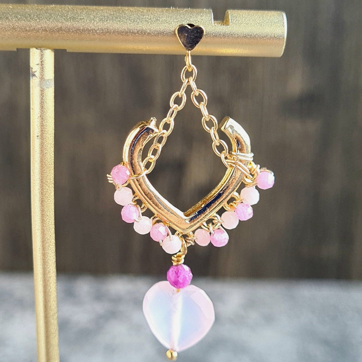 Triple Heart Gemstone Earrings - Rose Chalcedony wirh heart shape stud