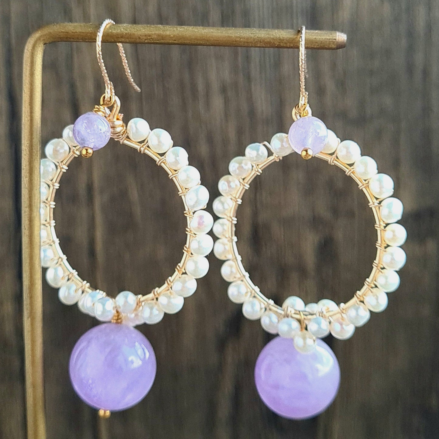 Round Fresh Water Pearl with Amethyst Gemstone Earrings