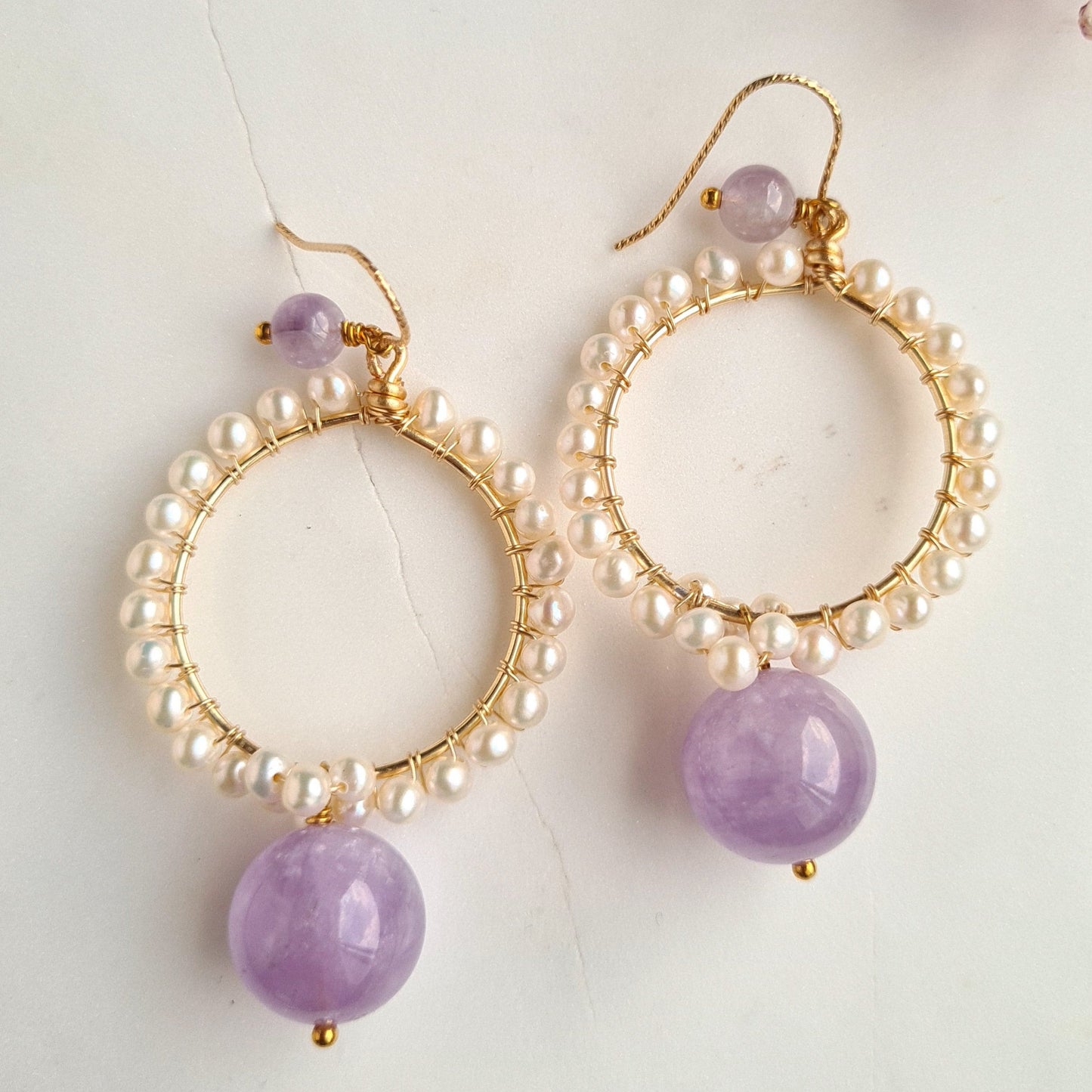 Round Fresh Water Pearl with Amethyst Gemstone Earrings