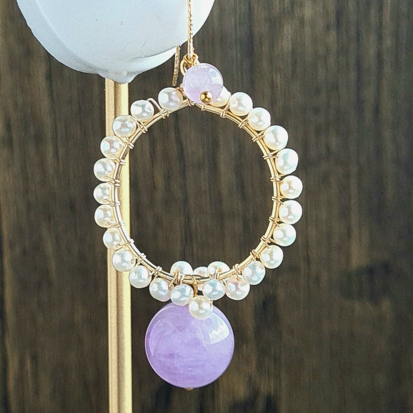 Round Fresh Water Pearl with Amethyst Gemstone Earrings
