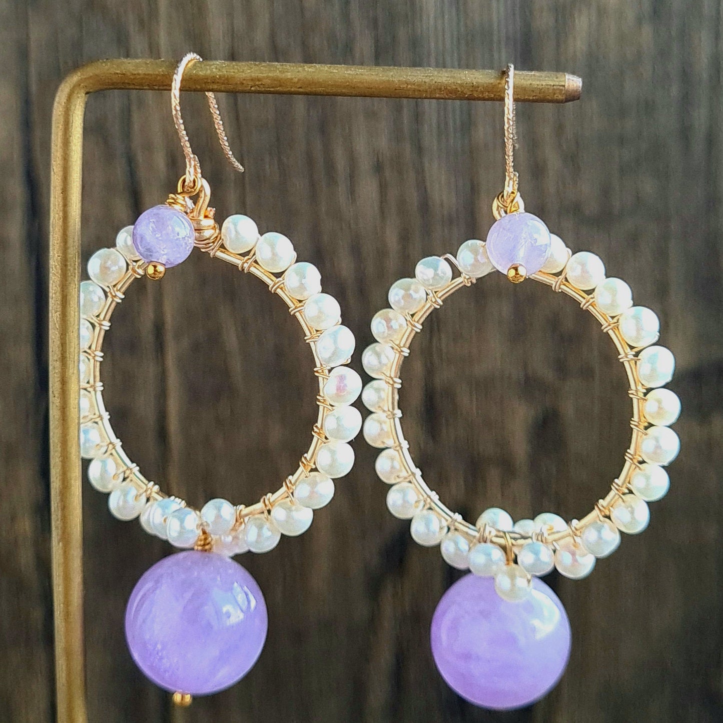 Round Fresh Water Pearl with Amethyst Gemstone Earrings