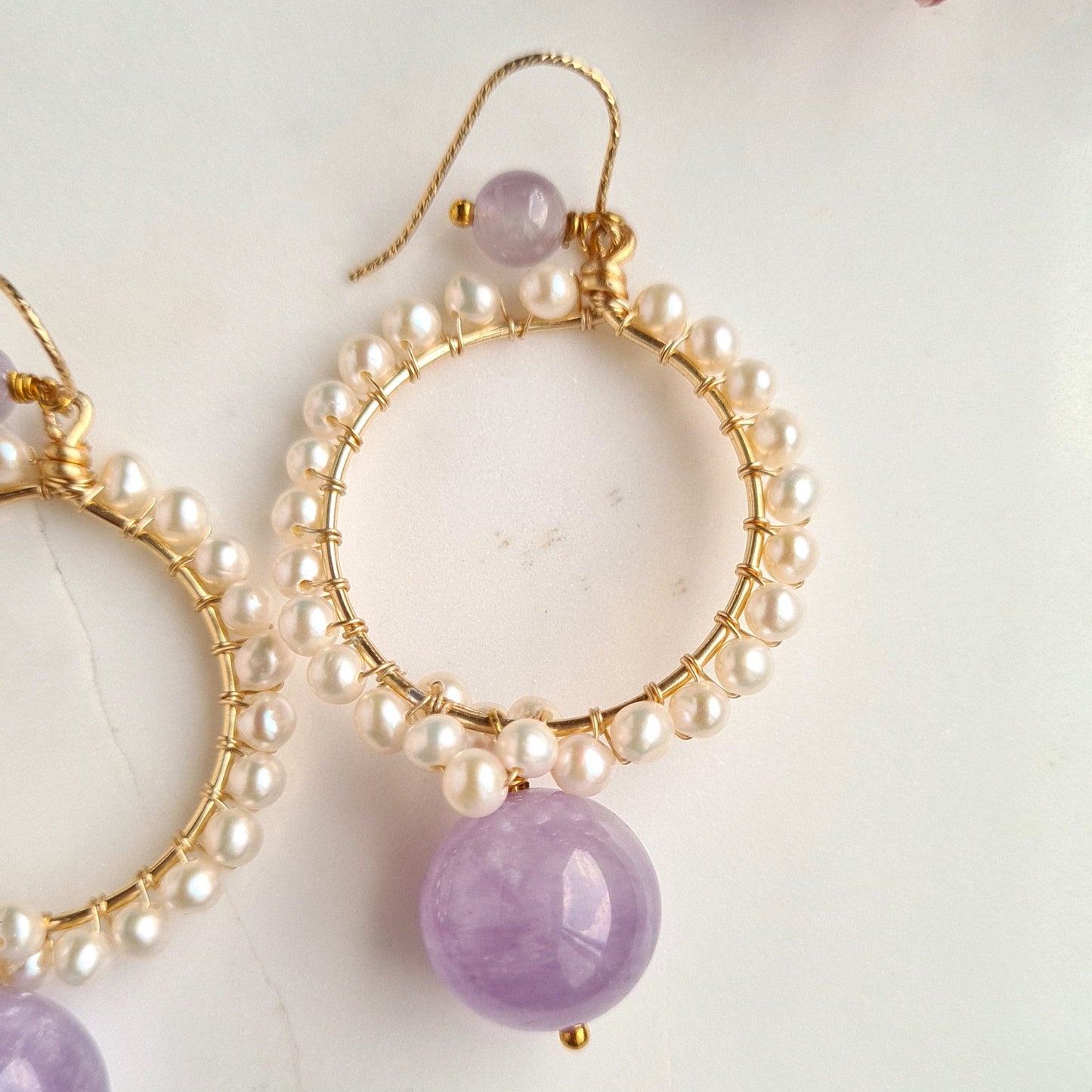 Round Fresh Water Pearl with Amethyst Gemstone Earrings