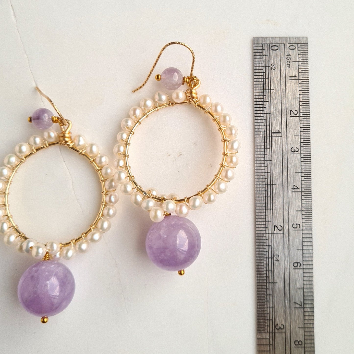 Round Fresh Water Pearl with Amethyst Gemstone Earrings