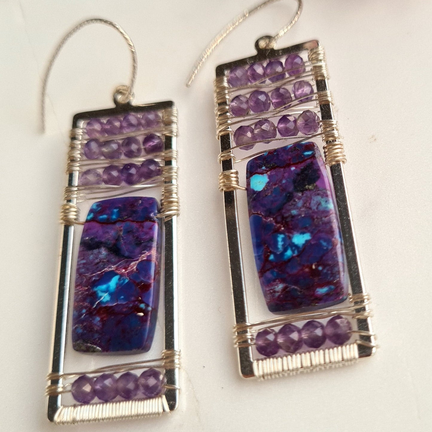 Purple Turquoise with amethyst caged in sterling silver rectangle frame Earrings