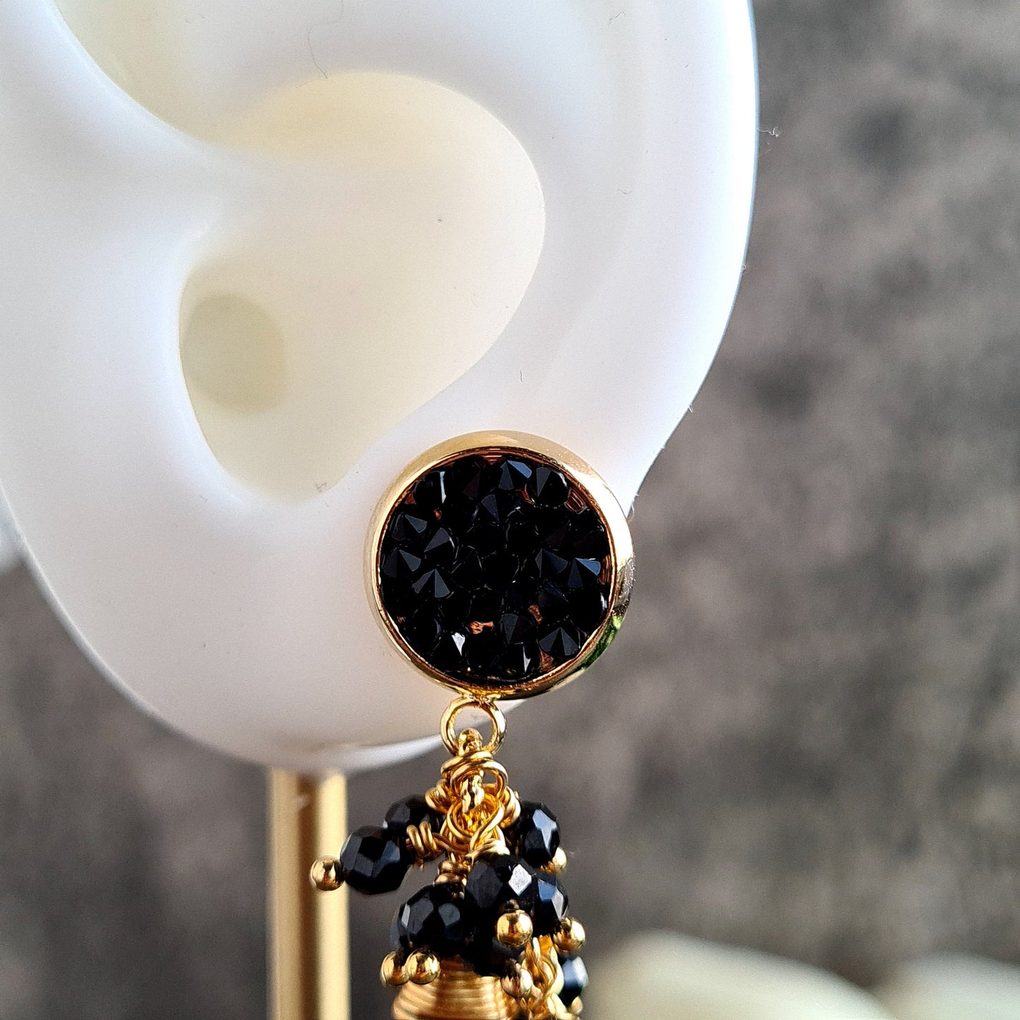 Black Onyx with Black Spinel Cluster Earring on Black pave stud