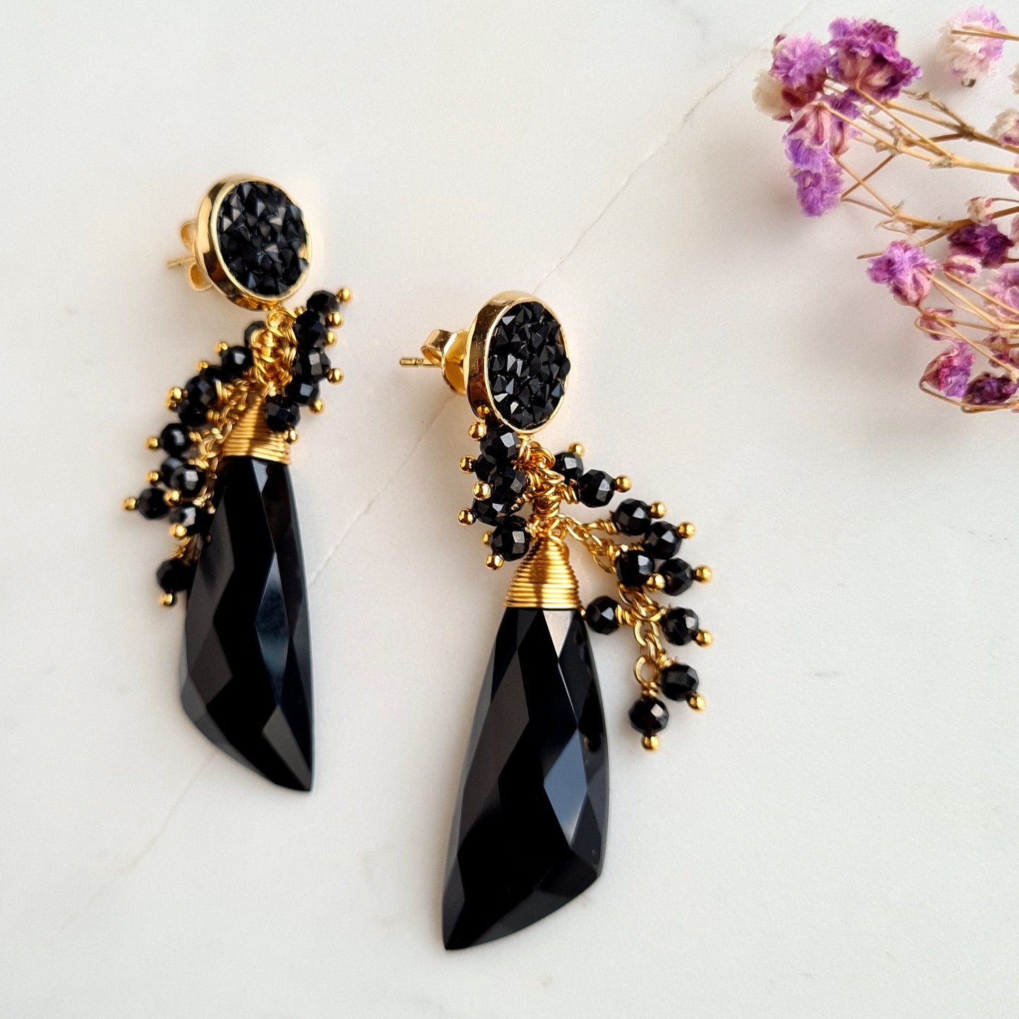 Black Onyx with Black Spinel Cluster Earring on Black pave stud