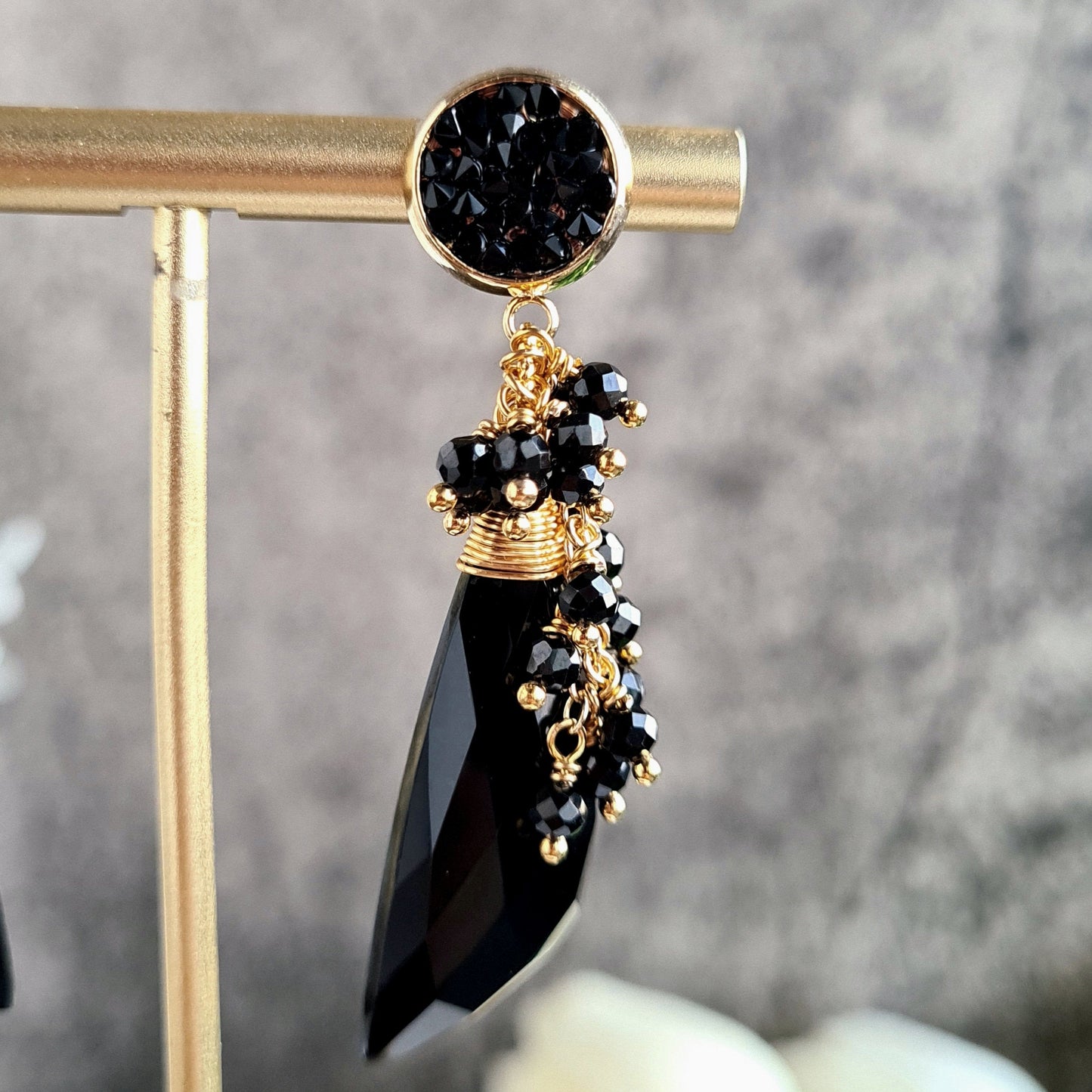 Black Onyx with Black Spinel Cluster Earring on Black pave stud