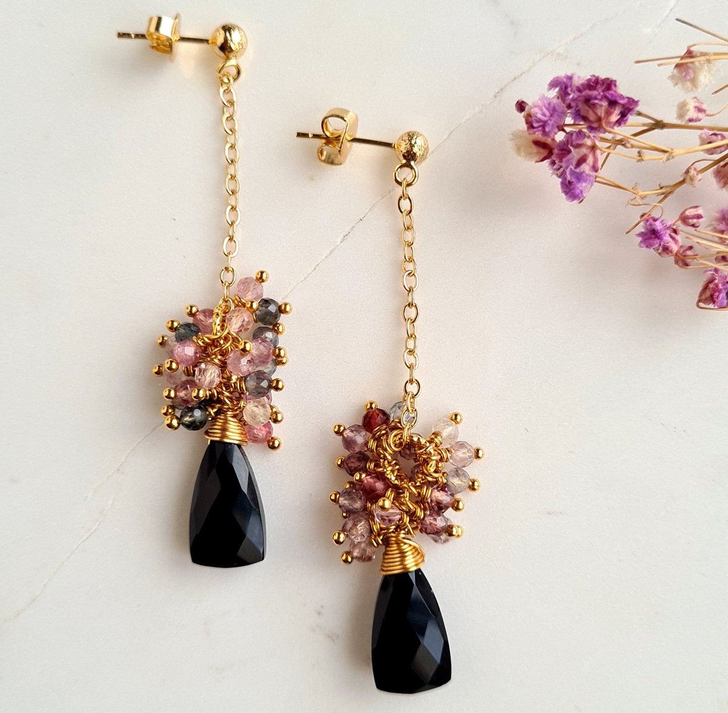 Black Onyx with Multi Spinel Cluster Earring