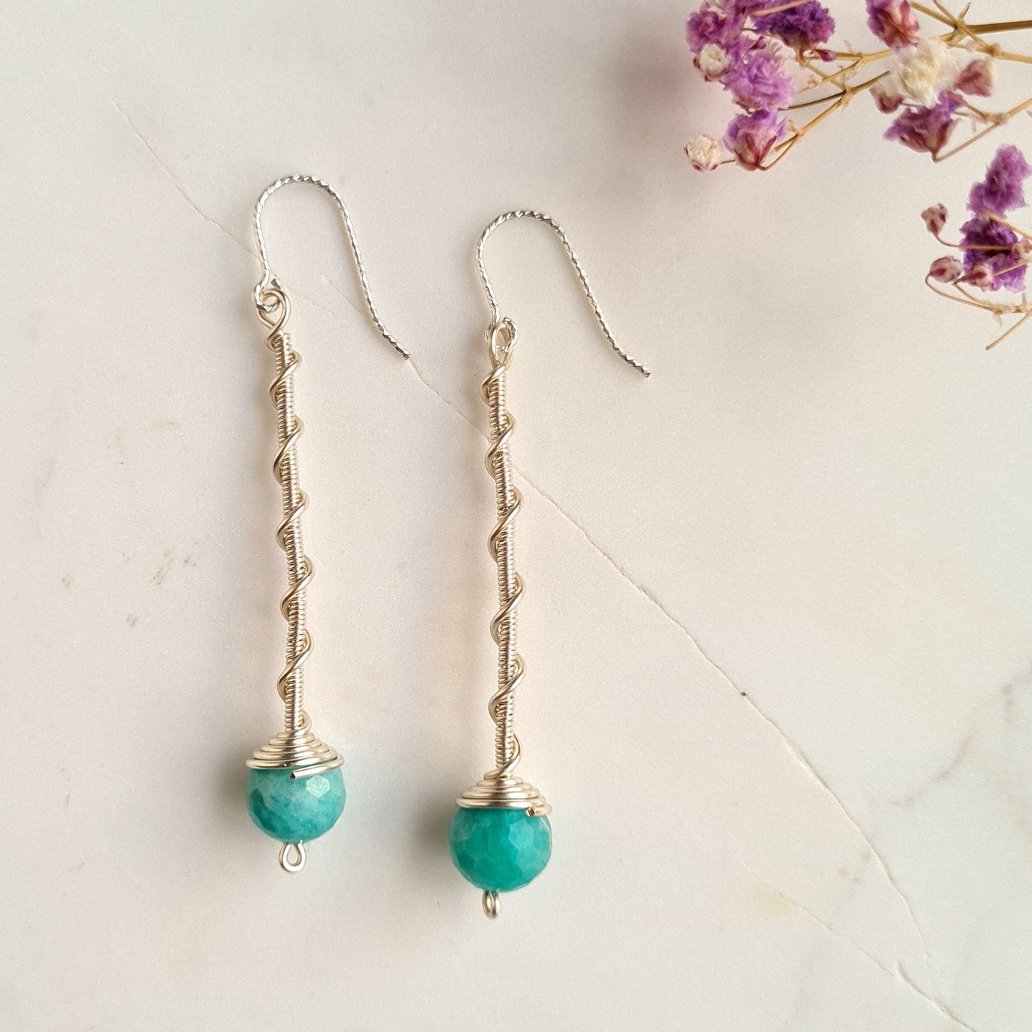 Amazonite Spiral Stick Gemstone Earrings - Sterling Silver
