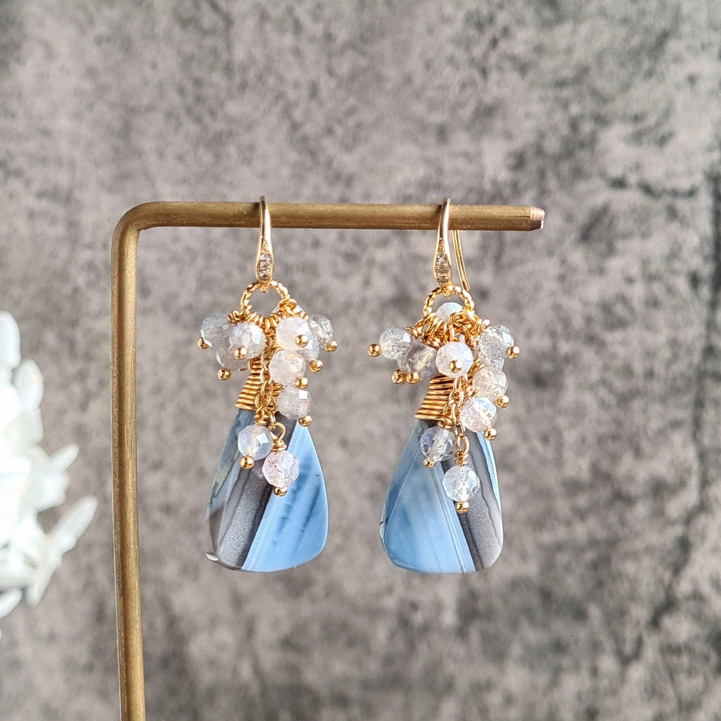 Owyhee Blue Opal with labradorite cluster gemstone earrings