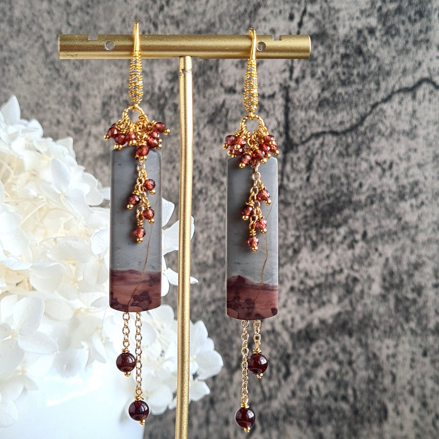 Chohua Jasper with Mozambique Garnet Gemstone Cluster Earrings