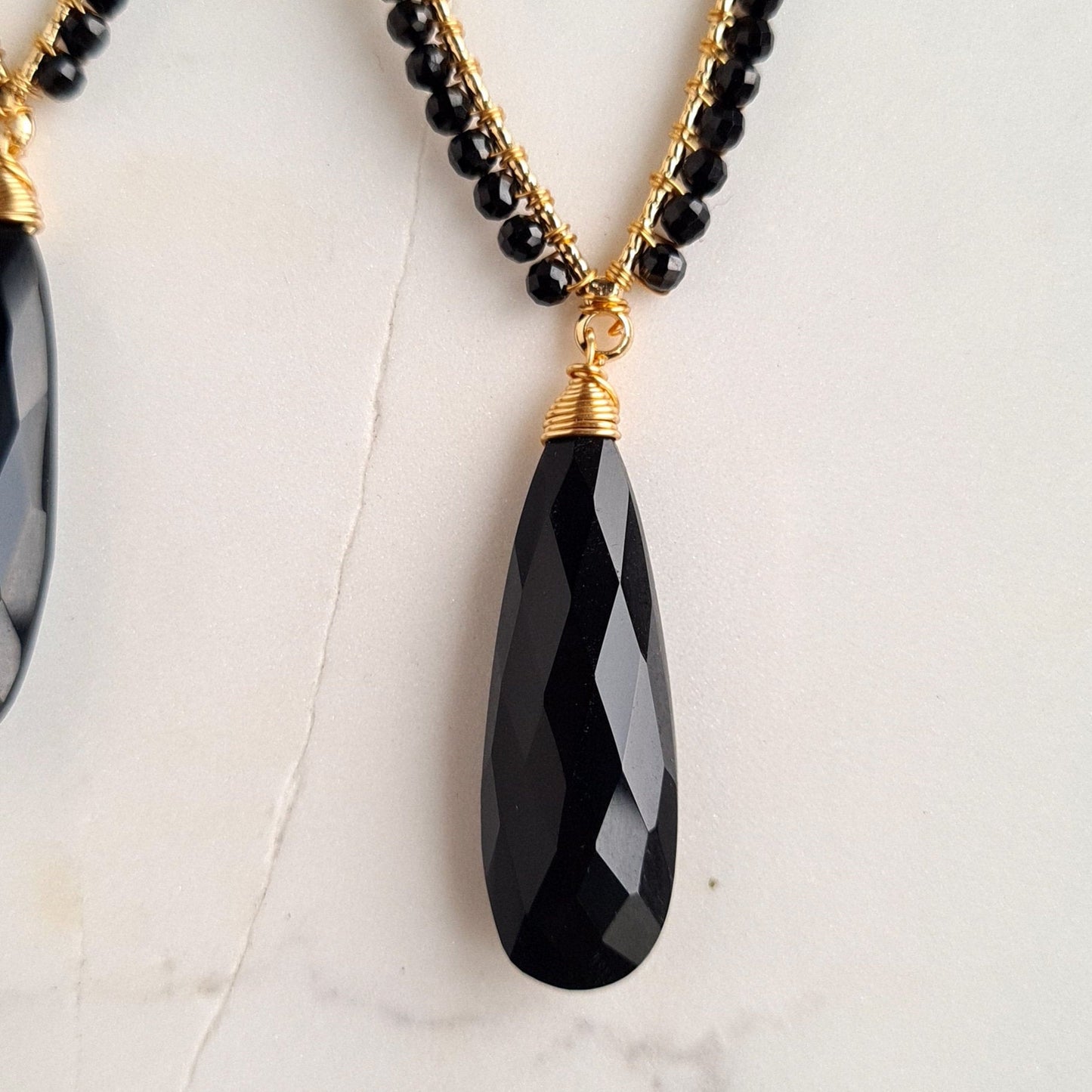 Black Onyx & Black Spinel Inverted Tear Drop Gemstone Earrings