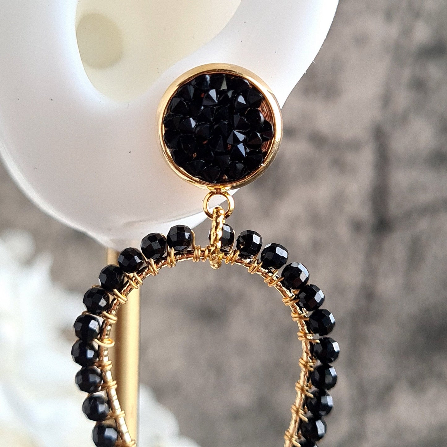 Black Onyx & Black Spinel Inverted Tear Drop Gemstone Earrings