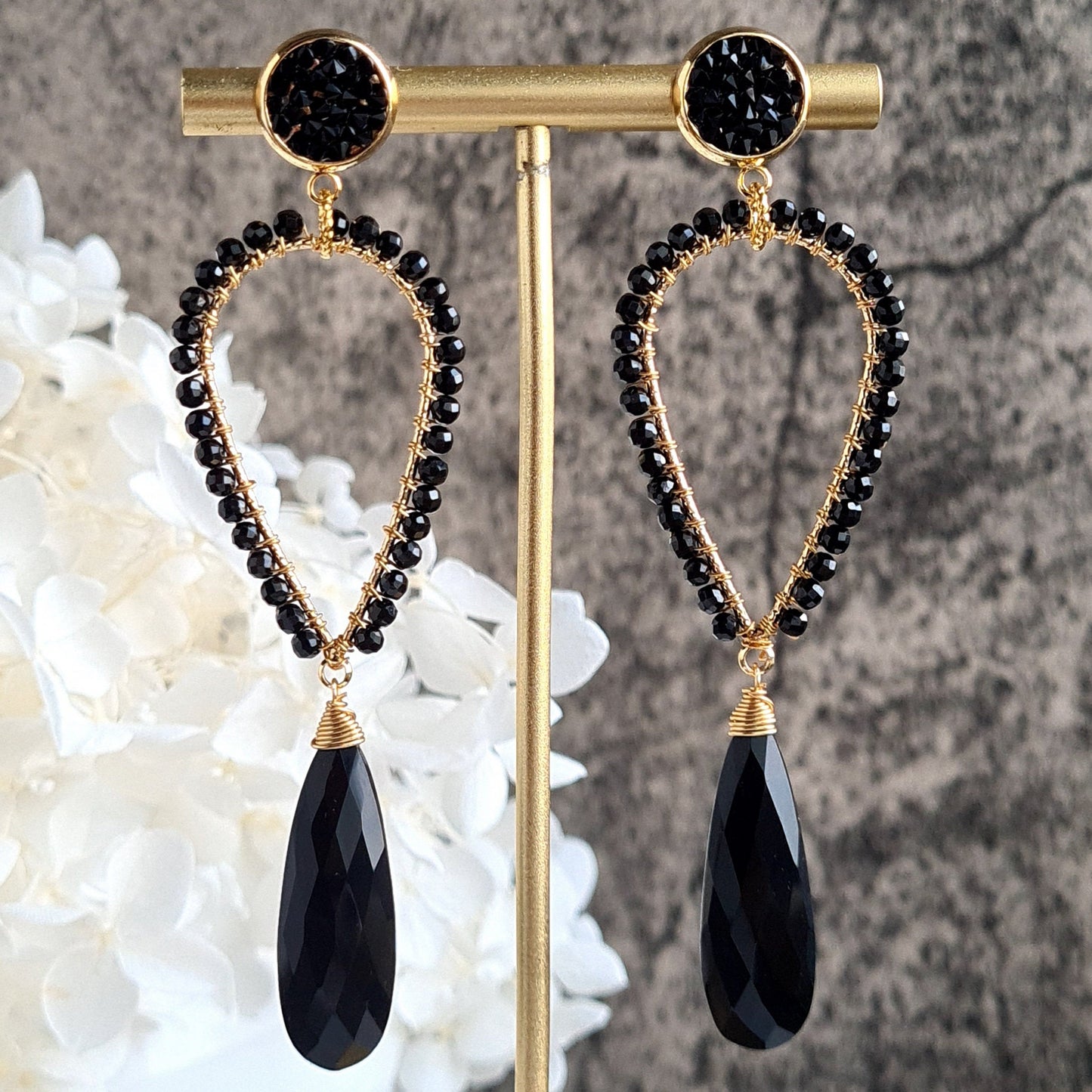 Black Onyx & Black Spinel Inverted Tear Drop Gemstone Earrings