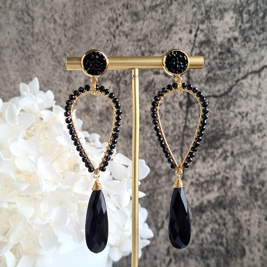 Black Onyx & Black Spinel Inverted Tear Drop Gemstone Earrings