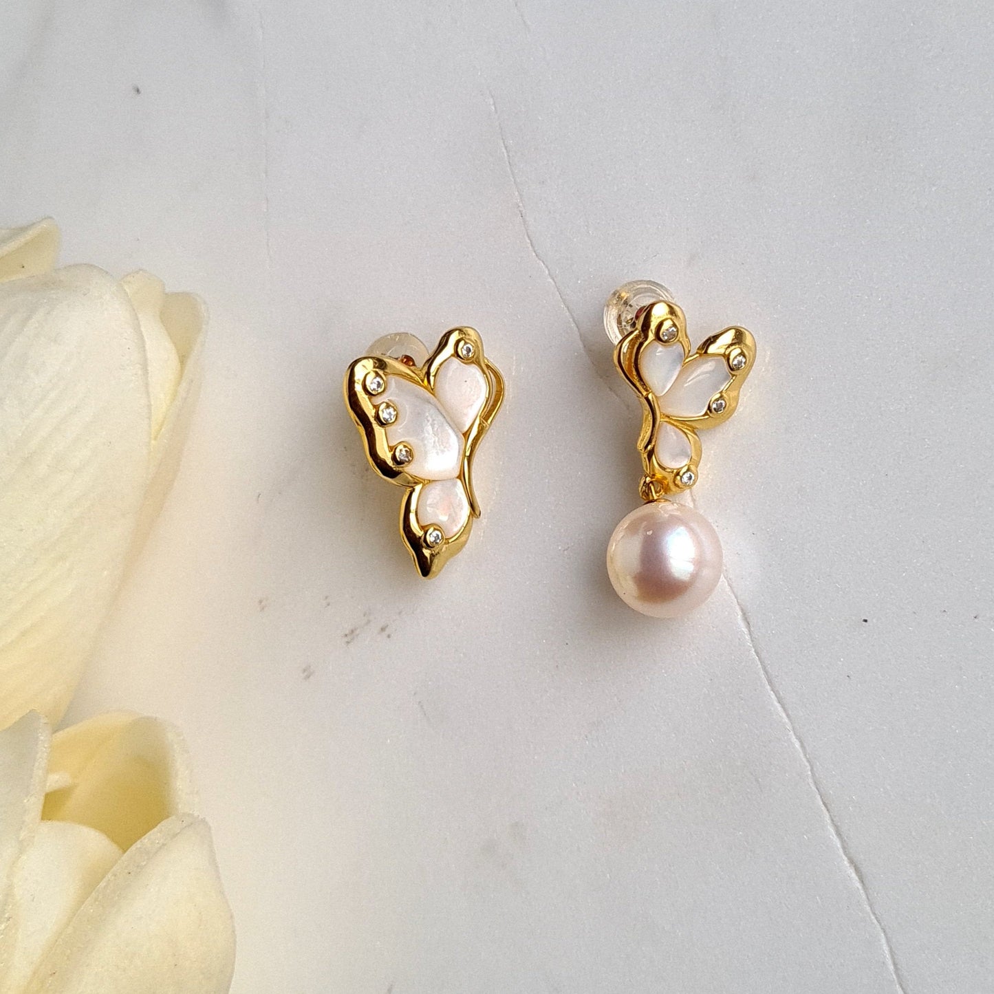 Asymmetrical Fresh Water Pearl Butterfly Earrings in S925