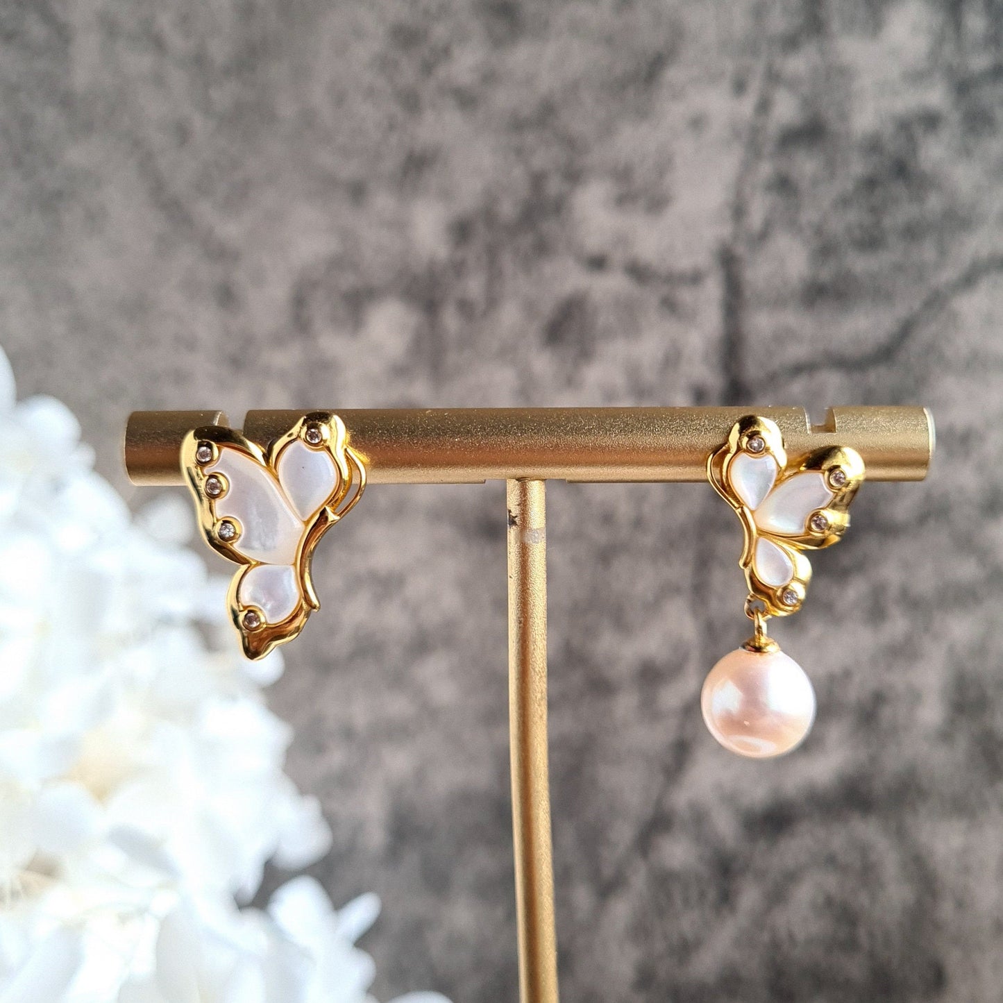 Asymmetrical Fresh Water Pearl Butterfly Earrings in S925