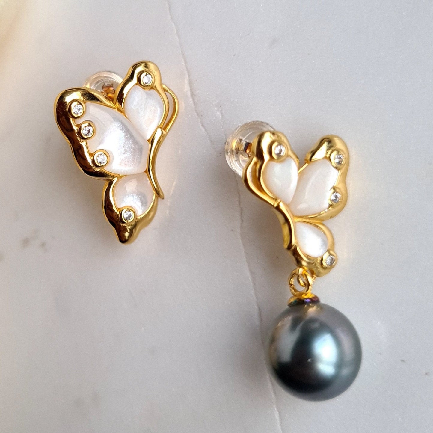 Asymmetrical Tahitian Pearl Butterfly Earrings in S925