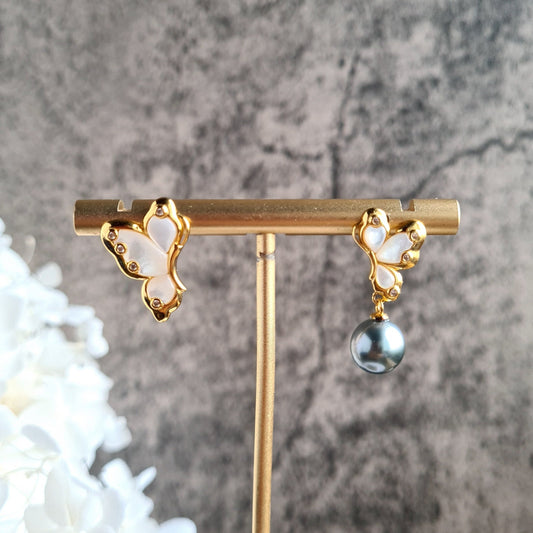 Asymmetrical Tahitian Pearl Butterfly Earrings in S925