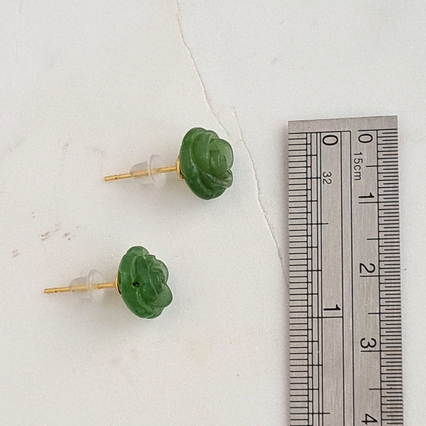 Natural Heitian Jade Carved Rose with 14k stud